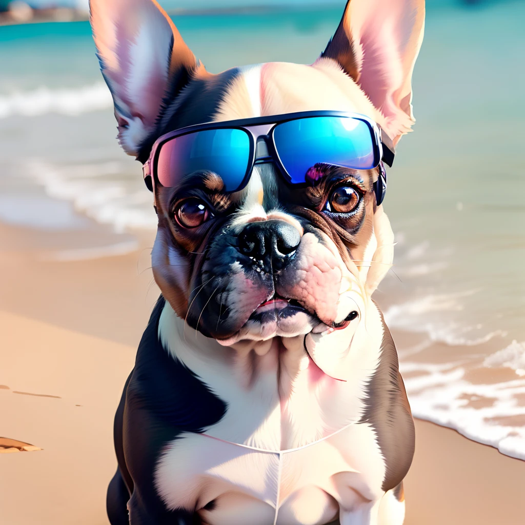 french bulldog, cinza merle (branco marrom e cinza), olhos cinzas, female, sorridente, with pink sunglasses, Hiper realista, Fofa, cor pop, foco nos detalhes do rosto, fundo colorido, Feliz, Animado