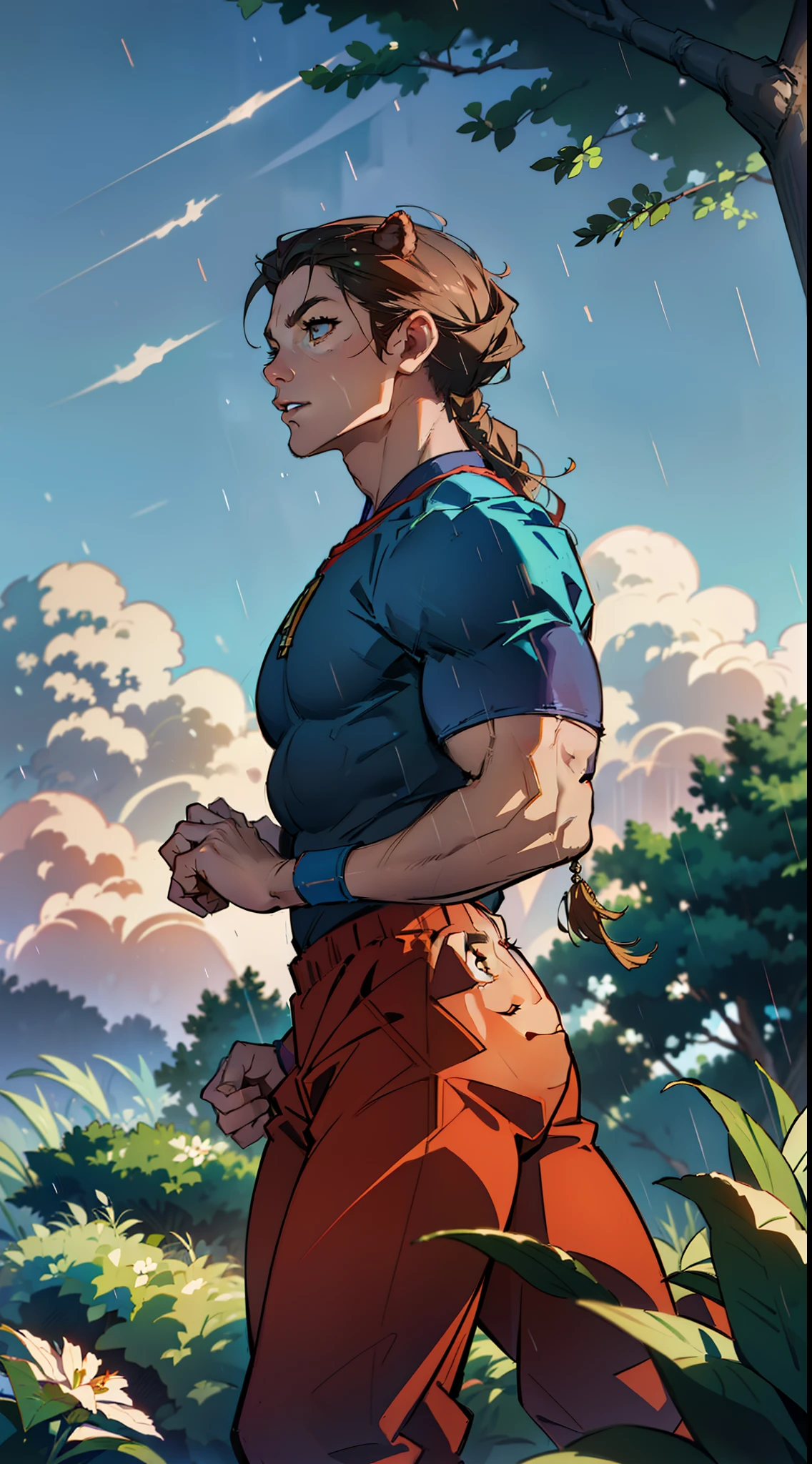 ((A Lion , super strong, Bodybuilder, muscular,)) wearing a stylish gym outfit, raining, a Forest in The background, 35mm lens, photography, ultra details, precise texture details HDR, UHD,64K