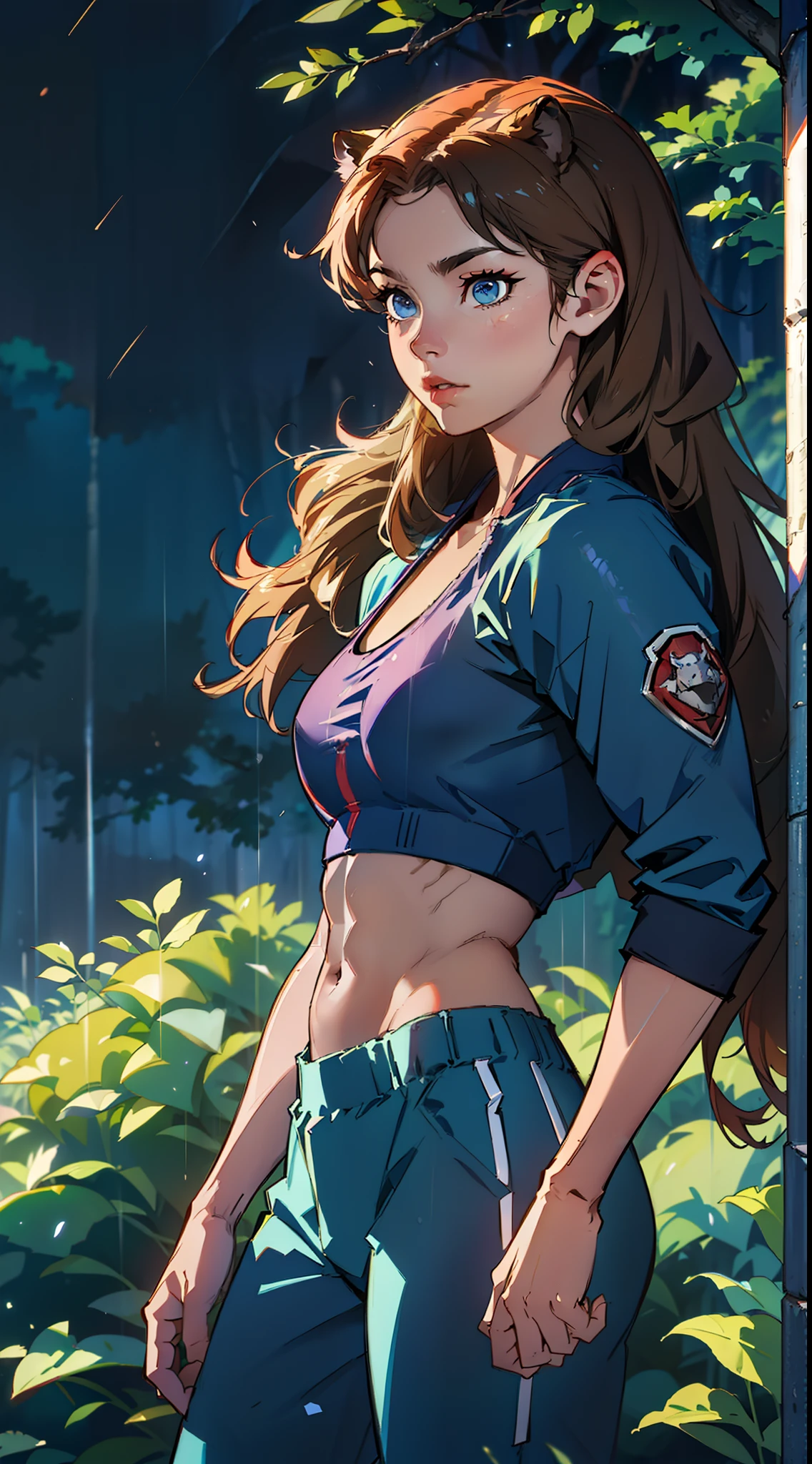 ((A Lion , super strong, Bodybuilder, muscular,)) wearing a stylish gym outfit, raining, a Forest in The background, 35mm lens, photography, ultra details, precise texture details HDR, UHD,64K