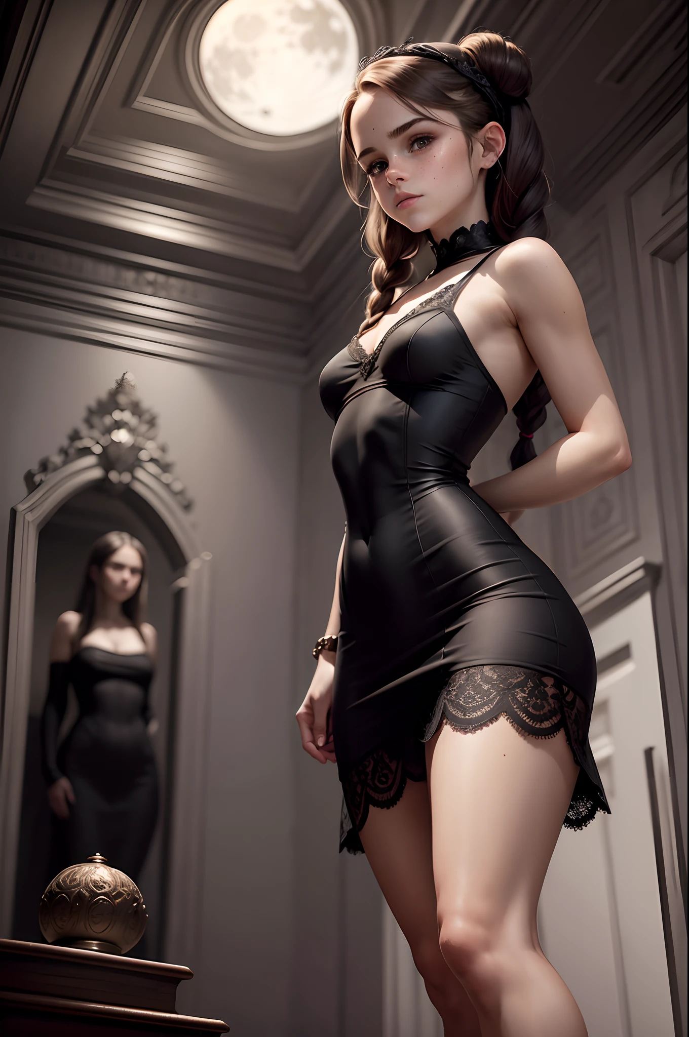 masterpiece. highly detailed. A beautiful  Emma Watson posing in a tight intricate black sleeveless dress and black stockings. freckles. Her hair is styled in two long dark braids. She is standing inside a mansion at night, with the moon in the background.