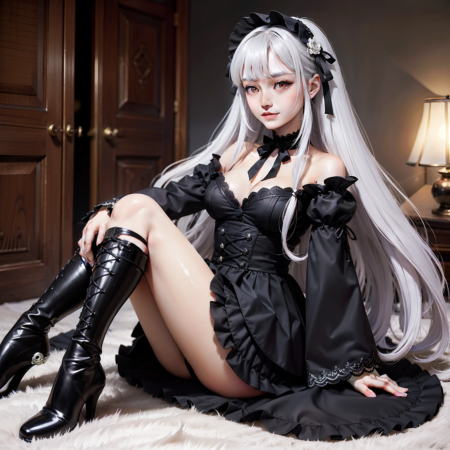 high-level image quality、masterpiece、Raw photography、8K、detaileds、1 persons、独奏、Elaborate spherical joint doll like a girl、You are a doll、Mostly spherical articulated dolls、Only one person on screen、rosen maiden(Mercury lamp)、White silver hair、Dark silver hair、very long hair with sideburns,,,,、The bangs are in the center、Long straight hair、、Super long hair、cuticle、long hair to the waist、very long hair with habitual hair、Black headband、Black Ribbon Adorable、Rin々Right、Full body like、has black feathers、Angel black feathers on the back、large black feathers、Wearing the Black Feathers of a Fallen Angel、black feathers on the back,,,,、Black feathers flutter、Crimson eyes、Redeye、Very red eyes、Staring into red eyes、Thin eyebrows、Suspended Eyes、Fishing eyes、dual、eyeshadows、poisonous mist、Long-haired gaze、huge smile、Personality Tough、Fluffy smile、Gothic ta Fashion、black and white clothes、Black skirt embroidered with reverse cloth、Fluttering lace skirt、Medium Beautiful Breasts、Swaying udder、Underdeveloped girls、Saint a girl、The gaze is watching the viewing、Lying on the floor、M-shaped legs、Place your arms on the ground、in a house、Inside a Nordic castle、a bed、Night、Red cheeks、excited、Contemptuous gaze