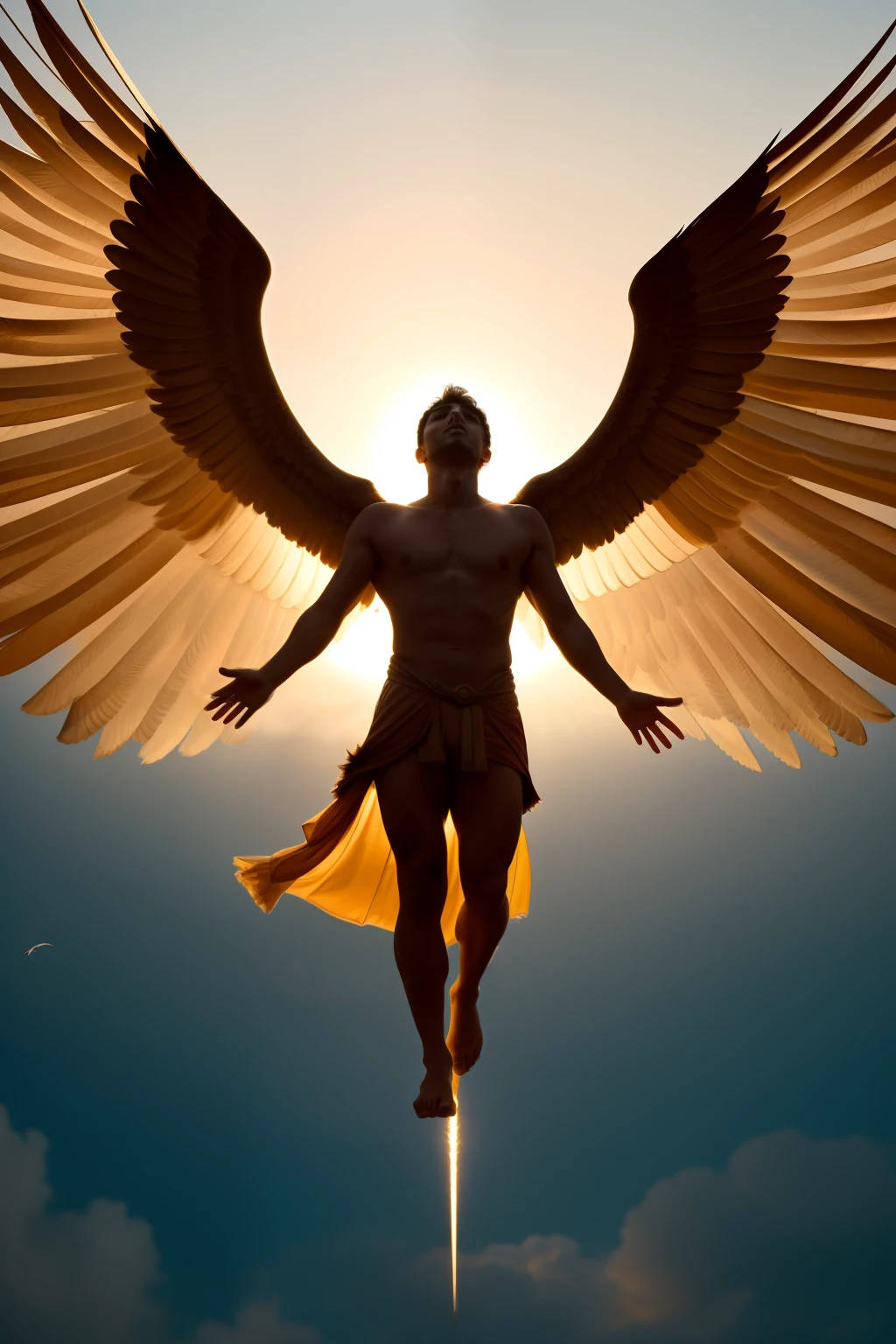 Get ready to immerse yourself in a powerful visual representation that pays homage to the legendary tale of Icarus. The scene unfolds with poignant symbolism as Icarus takes flight toward the radiant sun, His wax wings are a testament to his aspiration for the extraordinary. Every detail is meticulously crafted, capture the tension between determination and imminent danger. While Icarus rises, His wings begin to betray him, the waxy material slowly succumbing to the sun's relentless heat. The emotions in this moment are palpable, echoing the essence of human ambition and the consequences of pushing boundaries. Against the backdrop of the endless sky, The sun is both a beacon of aspiration and a harbinger of fall. This illustration brings the ancient narrative to life, allowing viewers to reflect on the timeless lessons that the story of Icarus conveys.
