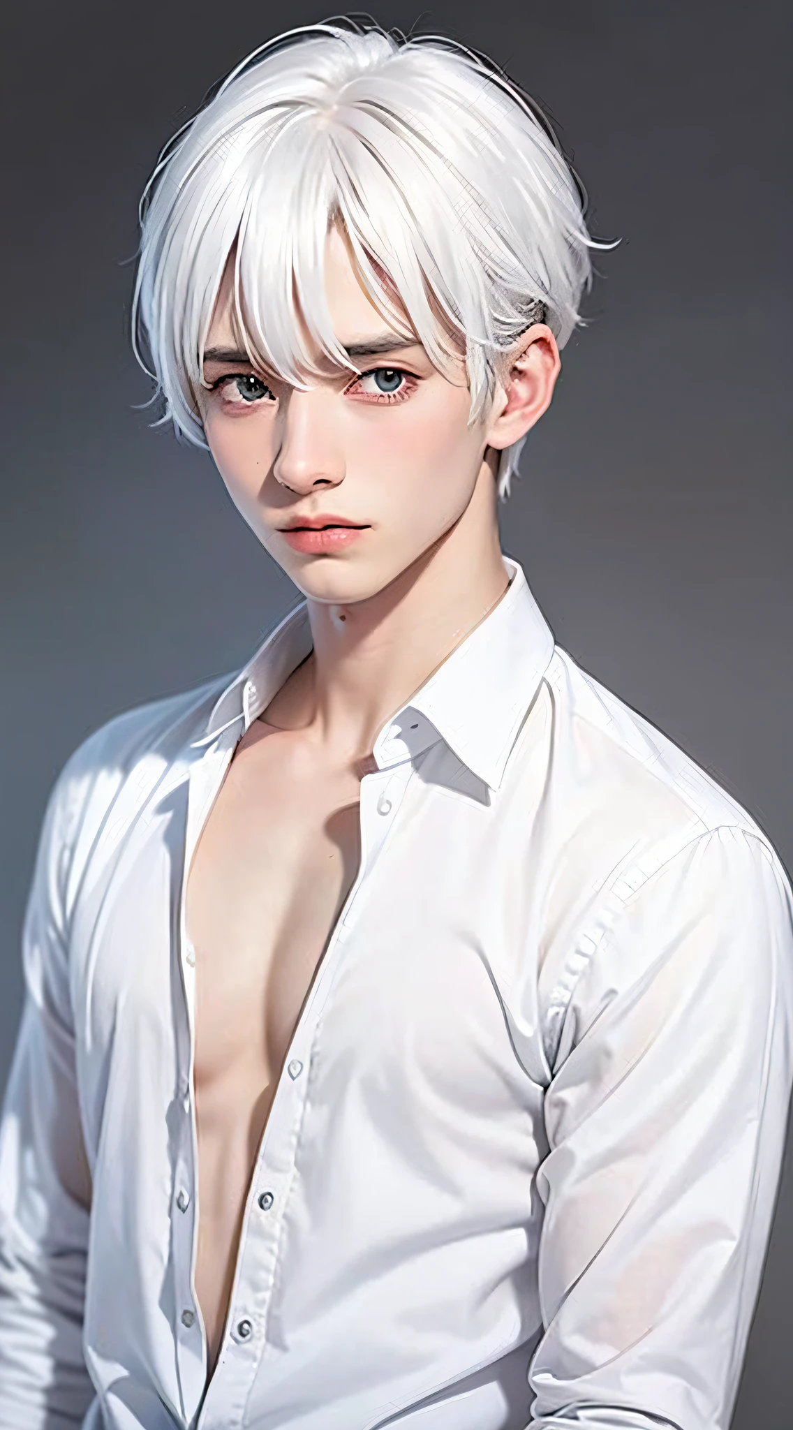 A boy with white hair，White shirt，Gutwez-style artwork，best qualtiy