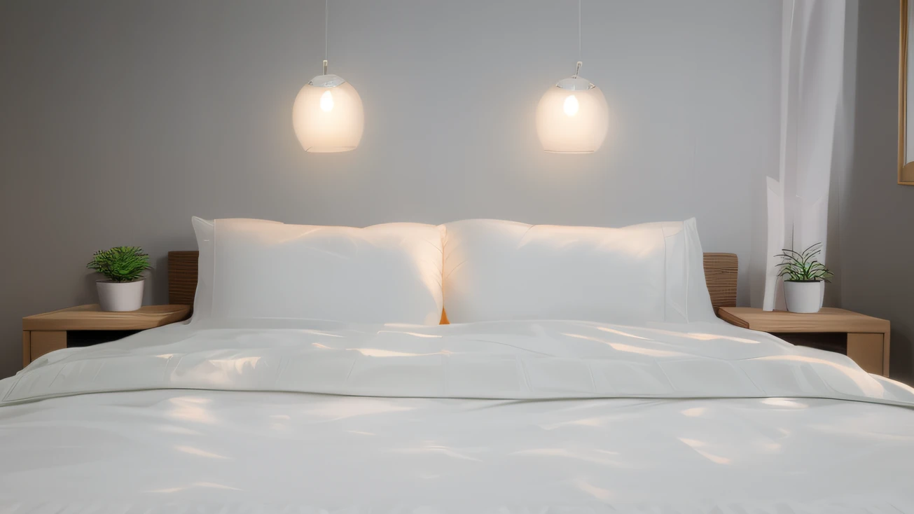 white sheets　a bed　Two pillows　Orange light　Love　Composition of the front of the bed　Clean sheets　Tables at both ends　a plant