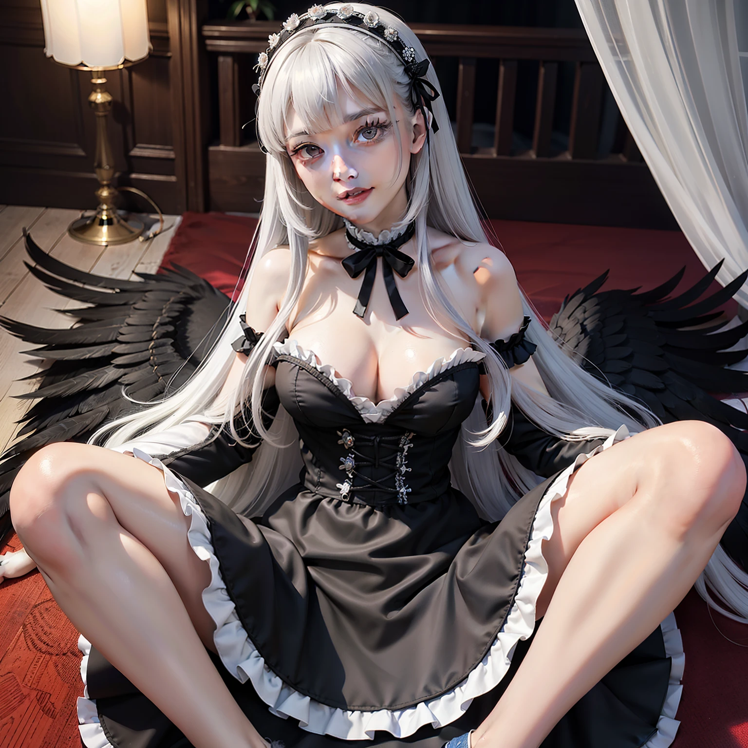 high-level image quality、masterpiece、Raw photography、8K、detaileds、1 persons、独奏、Elaborate spherical joint doll like a girl、You are a doll、Mostly spherical articulated dolls、Only one person on screen、rosen maiden(Mercury lamp)、White silver hair、Dark silver hair、very long hair with sideburns,,,,、The bangs are in the center、Long straight hair、、Super long hair、cuticle、long hair to the waist、very long hair with habitual hair、Black headband、Black Ribbon Adorable、Rin々Right、Full body like、has black feathers、Angel black feathers on the back、large black feathers、Wearing the Black Feathers of a Fallen Angel、black feathers on the back,,,,、Black feathers flutter、Crimson eyes、Redeye、Very red eyes、Staring into red eyes、Thin eyebrows、Suspended Eyes、Fishing eyes、dual、eyeshadows、poisonous mist、Long-haired gaze、huge smile、Personality Tough、Fluffy smile、Gothic ta Fashion、black and white clothes、Black skirt embroidered with reverse cloth、Fluttering lace skirt、Medium Beautiful Breasts、Swaying udder、Underdeveloped girls、Saint a girl、The gaze is watching the viewing、Lying on the floor、M-shaped legs、Place your arms on the ground、in a house、Inside a Nordic castle、a bed、Night、Red cheeks、excited、Contemptuous gaze