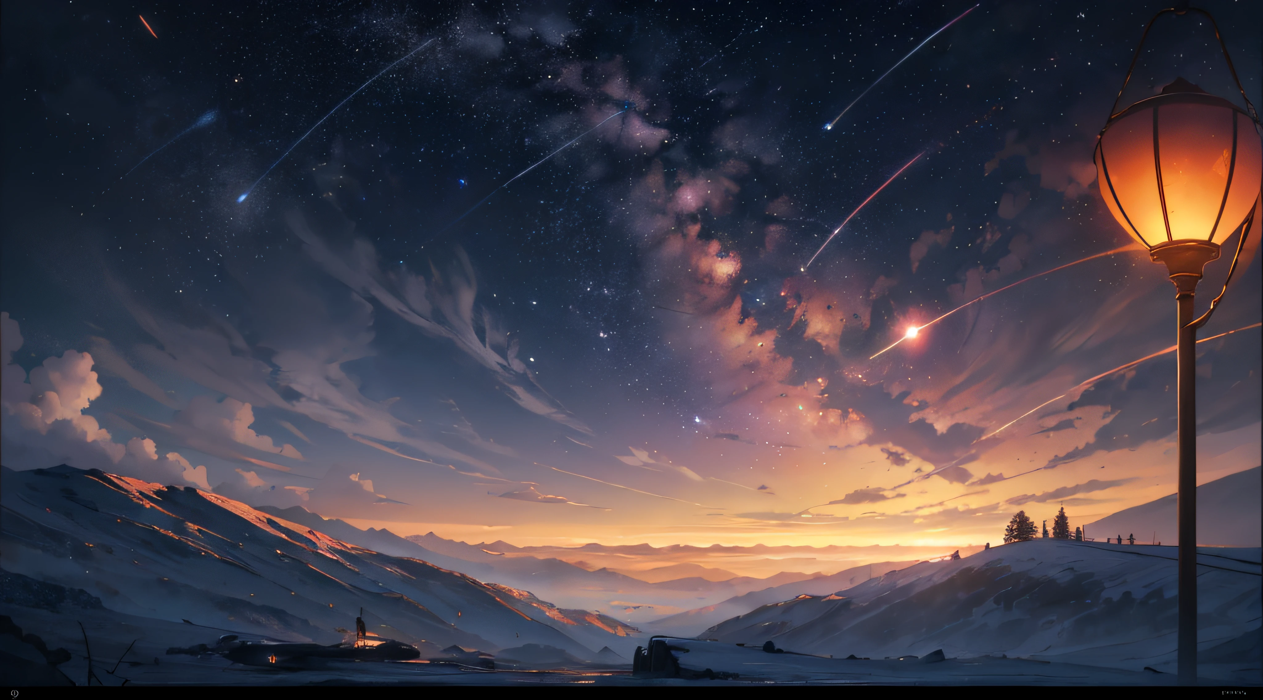 Expansive landscape photograph，（moon full：1.2），（meteors：0.9），（Starcloud：1.3），（Warm light source：1.2），（glowworm：1.2），lamp lights，Lots of purple and orange，Complicated details，Volumetriclighting，Realism BREAK（tmasterpiece：1.2），（best qualtiy），8K，Ultra-detailed，（dynamic compositions：1.4），The is very detailed，Colorful details，（Irridescent color：1.2），（luminouslighting，Atmospheric lighting），dream magical，magical，（独奏：1.2），（（best qualtiy））， （（tmasterpiece））， （the detail：1.4），depth of fields，maximum definition and sharpness，perfectly proportions，Fluttering clouds，Wallpapers