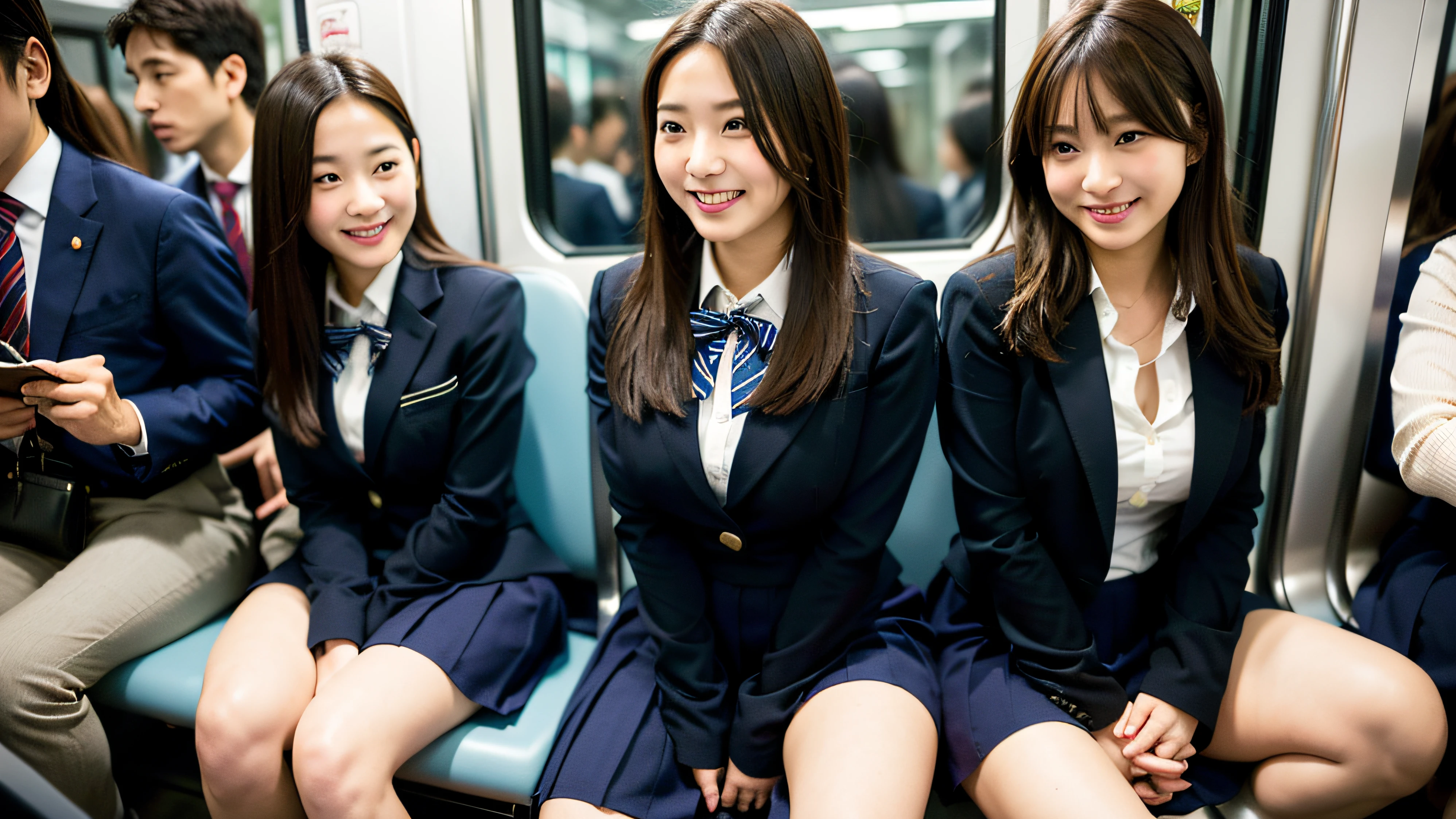 4k ,ultra high res ,(photo realistic: 1.1) ,detailed face ,A cute Japanese high school girl is riding a crowded train in her school uniform. She is sitting on a seat with her legs spread wide. Her pants are showing through her skirt. She is smiling as she shows us the cleavage between her large breasts.breast ,kawaii,
