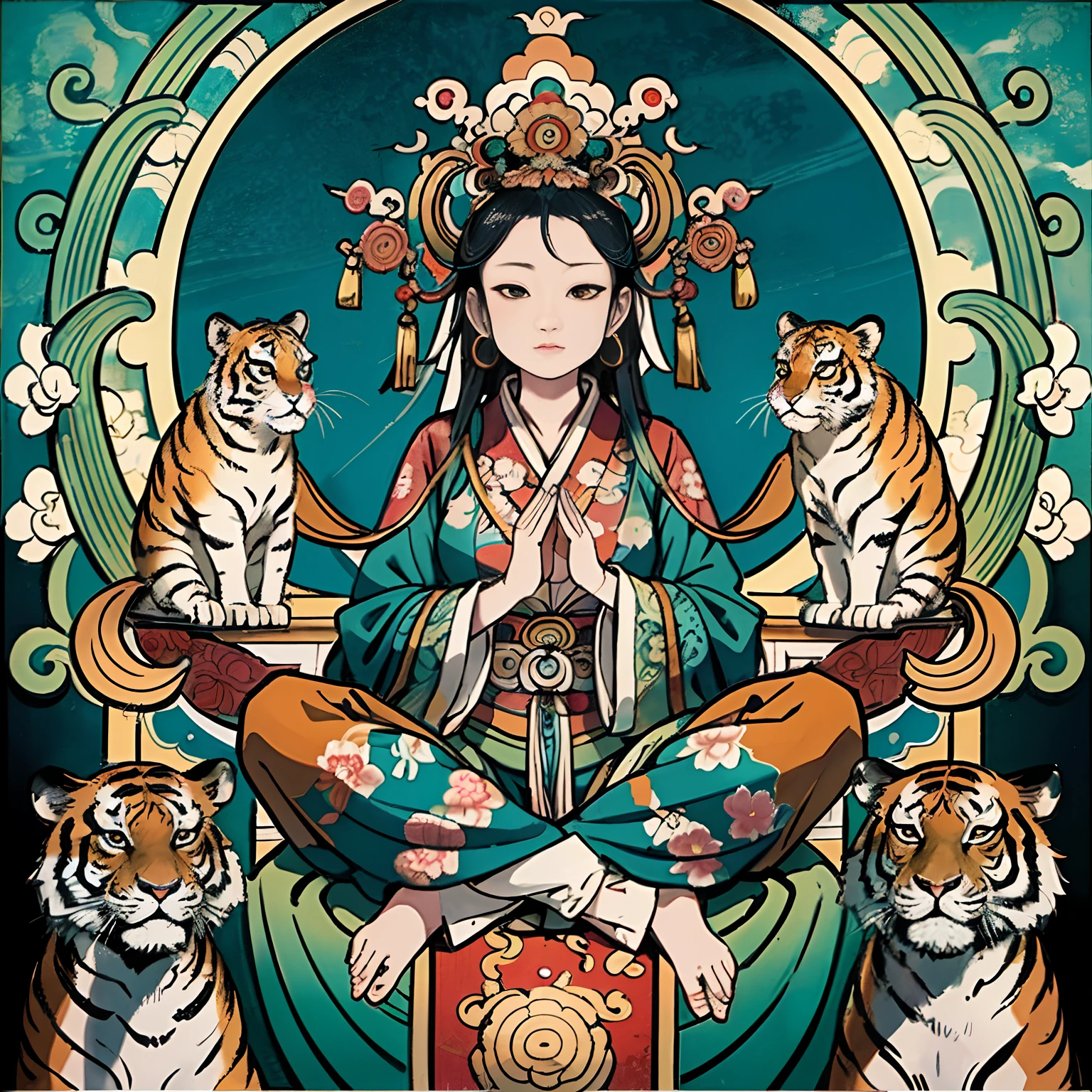 an ancient Chinese goddess, guanyin of the southern seas, Guanyin, Inspired by India, Avalokiteshvara rides a tiger,,Serene expression,shui mo hua,Buddha,Buddhist,Lotus,Chinese painting style,Thangka style