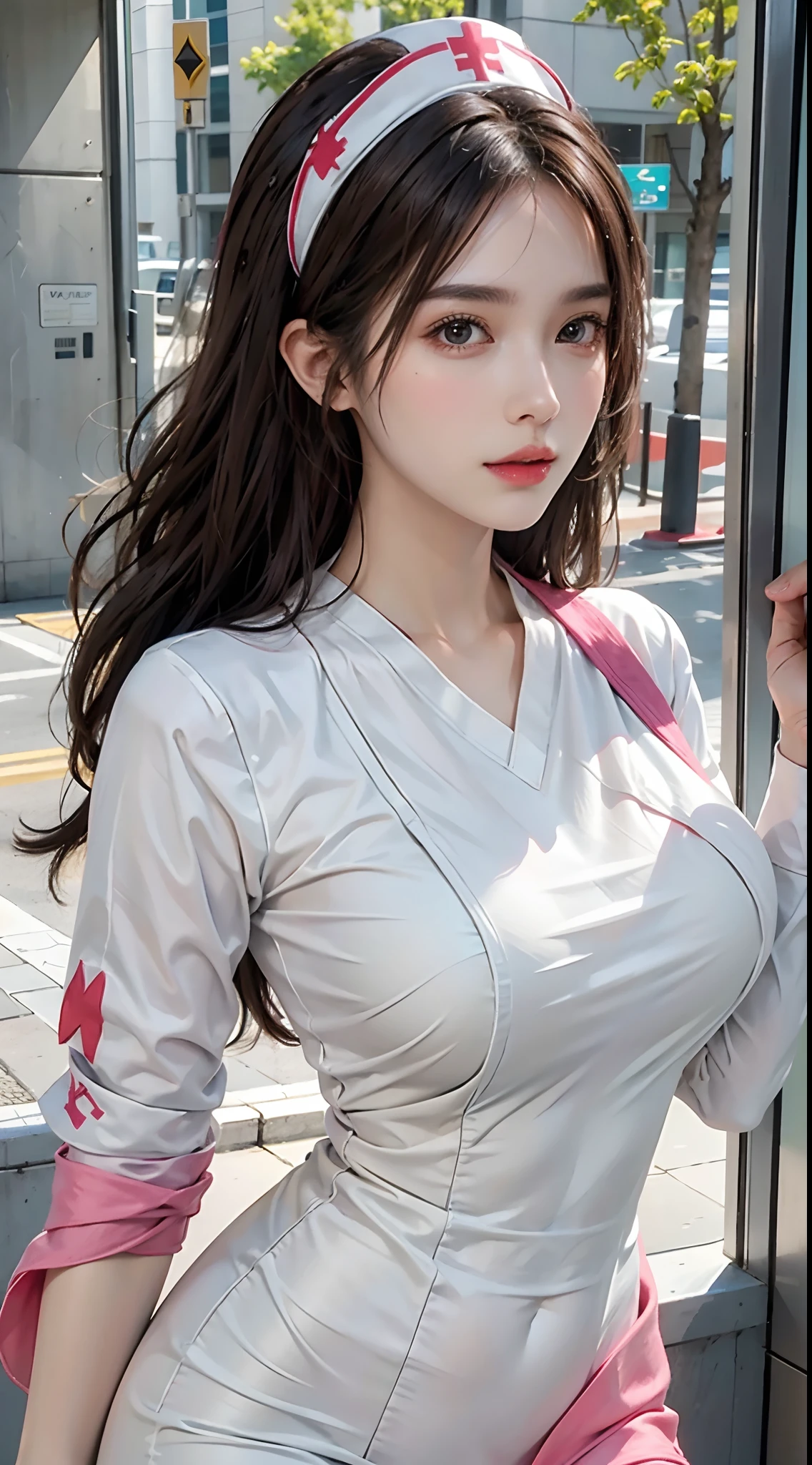 Photorealistic, high resolution, 1womanl, Solo,  view the viewer, (Detailed face), （（Colorful nurse costumes）），S-shaped body，stocklings，nedium breasts：1.3