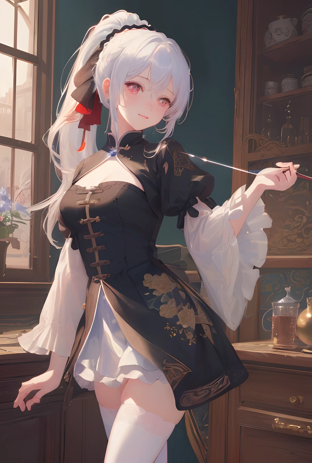 art by Cornflower, dreamy,(masterpiece,best quality,1girl,Amazing,beautiful detailed eyes,finely detail,Depth of field,extremely detailed CG,original, extremely detailed wallpaper,china town,bent over,black_thighhighs,china dress,red eye,white hair,outstretched arm,ponytail,light smile,sideways glance,),((best quality, masterpiece, illustration, an extremely delicate and beautiful, extremely detailed ,CG ,unity ,wallpaper,photorealistc, masterpiece, 4k, 8k, highres)), beautiful background,