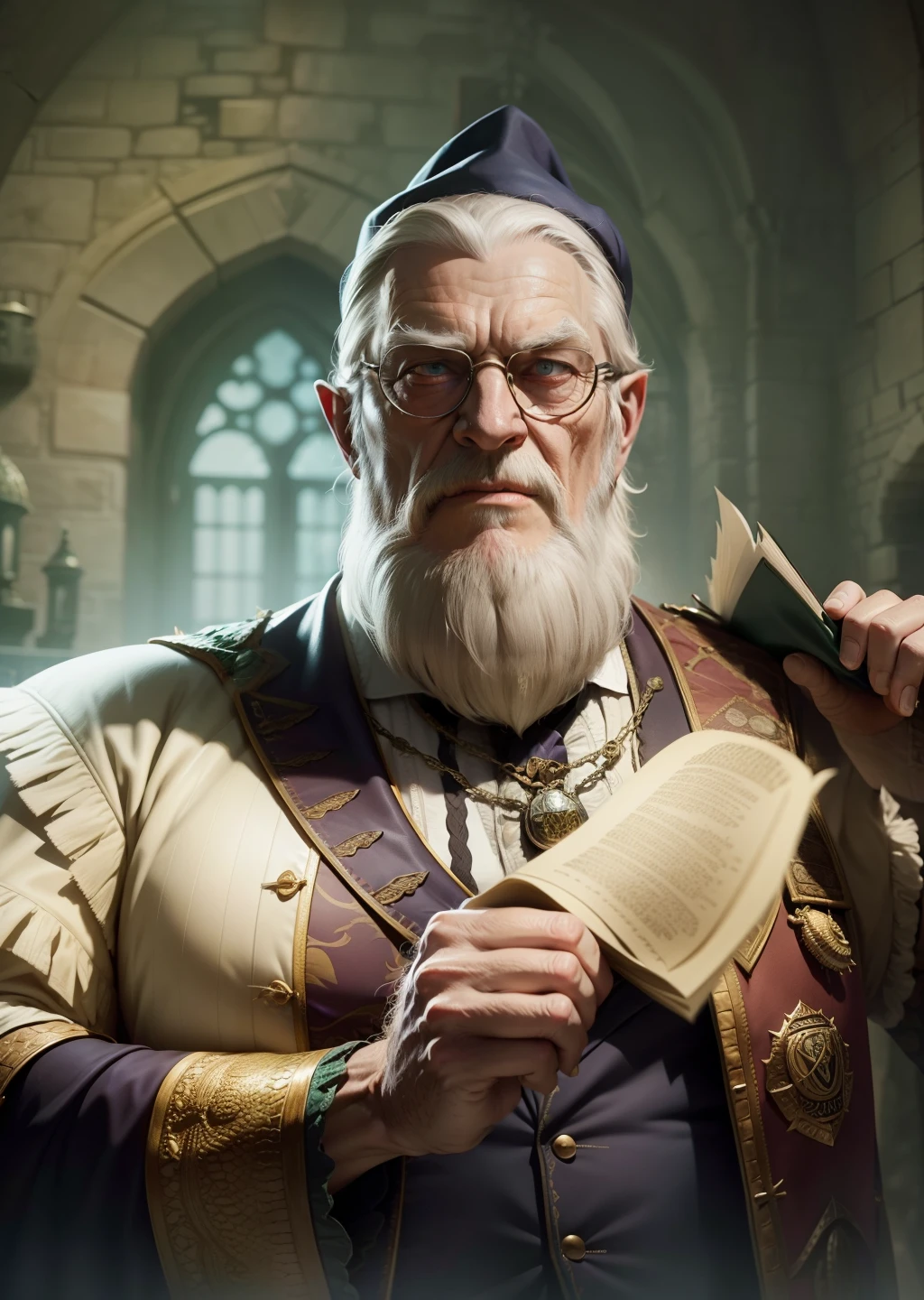 dumbledore,a old man,Big chest,wearing an outfit,Wearing crocodile dragon armor,Wearing a crocodile head hat,Muscle men ,Wear half-moon glasses,Realiy,Ride a crocodile,background castle
