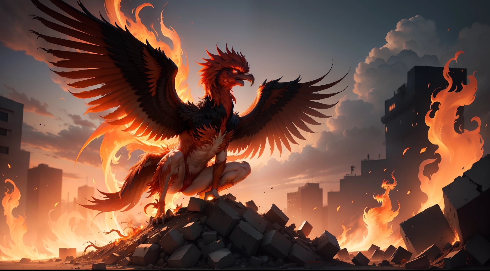 A flaming phoenix rising from ashes, symbolizing determination