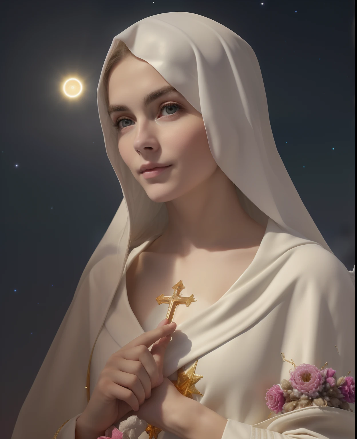 (((Holy GUARDIAN ANGEL. 19 years old))) ((( Con una cara seria y piadosa. Con una mirada dulce y tierna))) (obra maestra, calidad superior, mejor calidad, arte oficial, beautiful and aesthetic: 1.2), (1girl), extremadamente detallado, (Arte fractal: 1.3), colorido, highest detailed, Cara perfecta, parte superior del cuerpo, HDR, (orando: 1.3), (golden lines of white coat: 1.2), galaxia, (rayas de luz), eye-catching visuals, (dynamic stripes, senderos luminosos: 1.2), colores vibrantes,