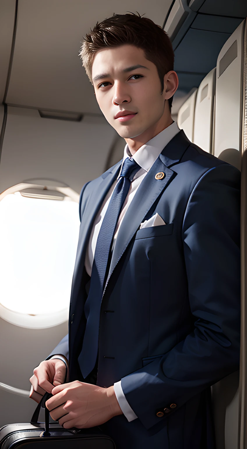 ((Men only)), (cowboy shot), (Handsome muscular male airline flight attendant in his 20s on an airplane), (blue suit with airline badge), (Chris Redfield), Mischievous smile, (detaile: 1 in 1), Natural muscles, HIG quality, beautidful eyes, (Detailed face and eyes), (Face、: 1 / 2), Noise, Real Photographics、... ................................................................................................................PSD, Sharp Focus, High resolution 8K, realisitic & Professional Photography, 8K UHD, Soft lighting, High quality, Film grain, FujifilmXT3