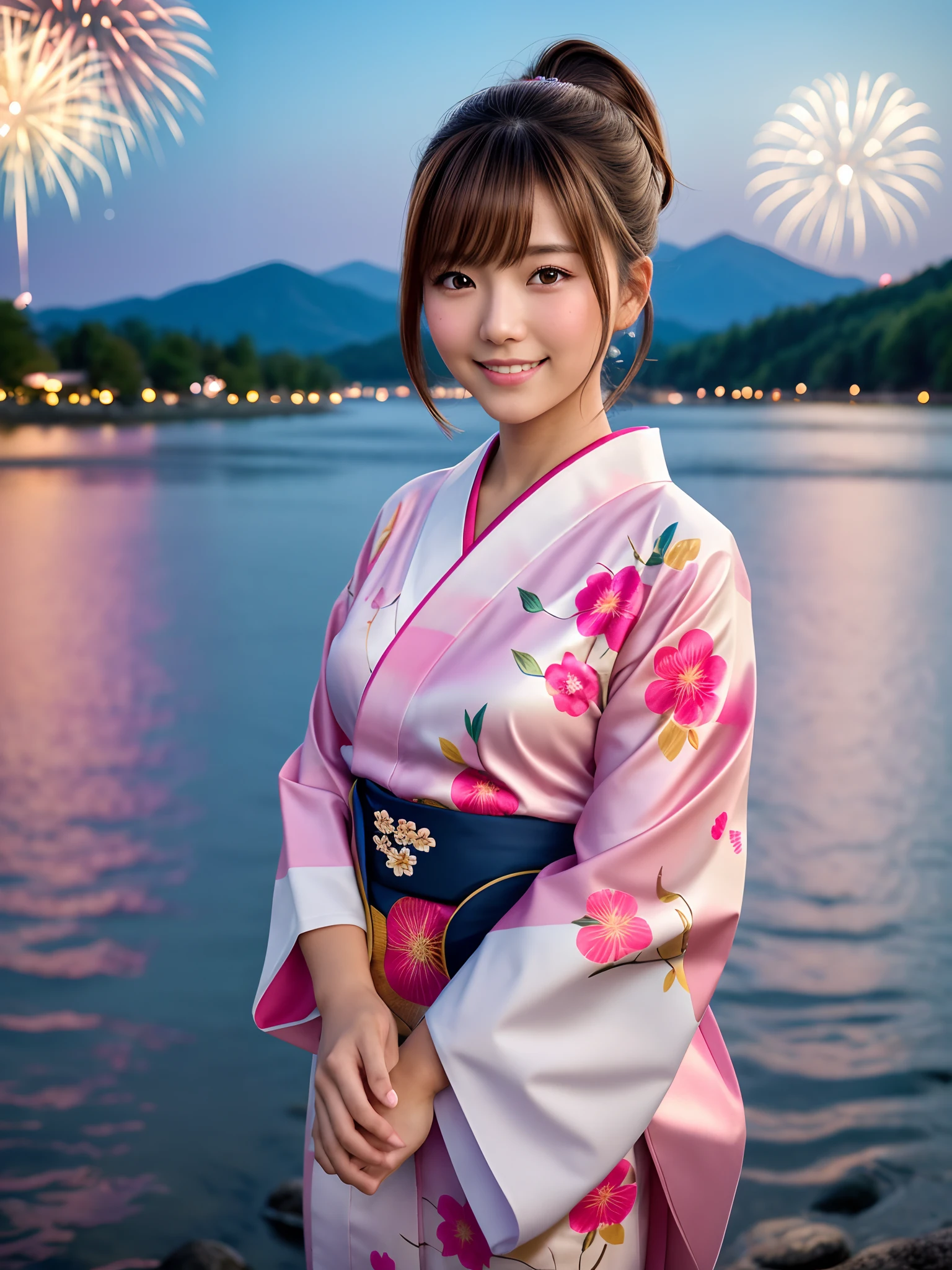 product quality, 1 girl per 1 photo, a upper body shot, a directly in front view, a Japanese young pretty girl, a short length ponytail, standing alone by a lake surrounded by mountains of a countryside of Japan, a big smile, glamorous figure, wearing a light pink yukata with floral printed, fireworks behind her in the sky of the night at the fireworks festival, hyper cute face, glossy lips, double eyelids for both eyes, natural makeup, shiny smooth light brown hair, hair accessories, asymmetrical bangs, tanned skin, central image, 8K resolution, high detail, detailed hairstyle, detailed face, cinematic lighting, octane rendering, hyper realistic, perfect limbs, perfect anatomy