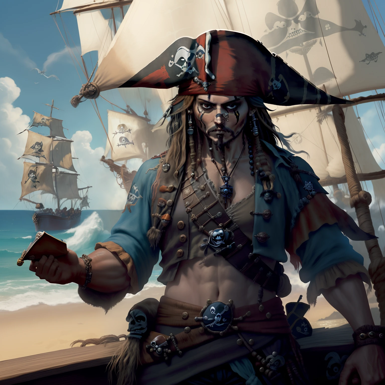 ((Piratas do caribe, Capitao Jack Sparrow)) | Galante, misterioso, fearless, ousado, living epic adventures across the seas, lutas de espadas, navios piratas imponentes, tesouros escondidos, enigmas, mysteries, fantasia sombria, atmosfera intrigante, intense action