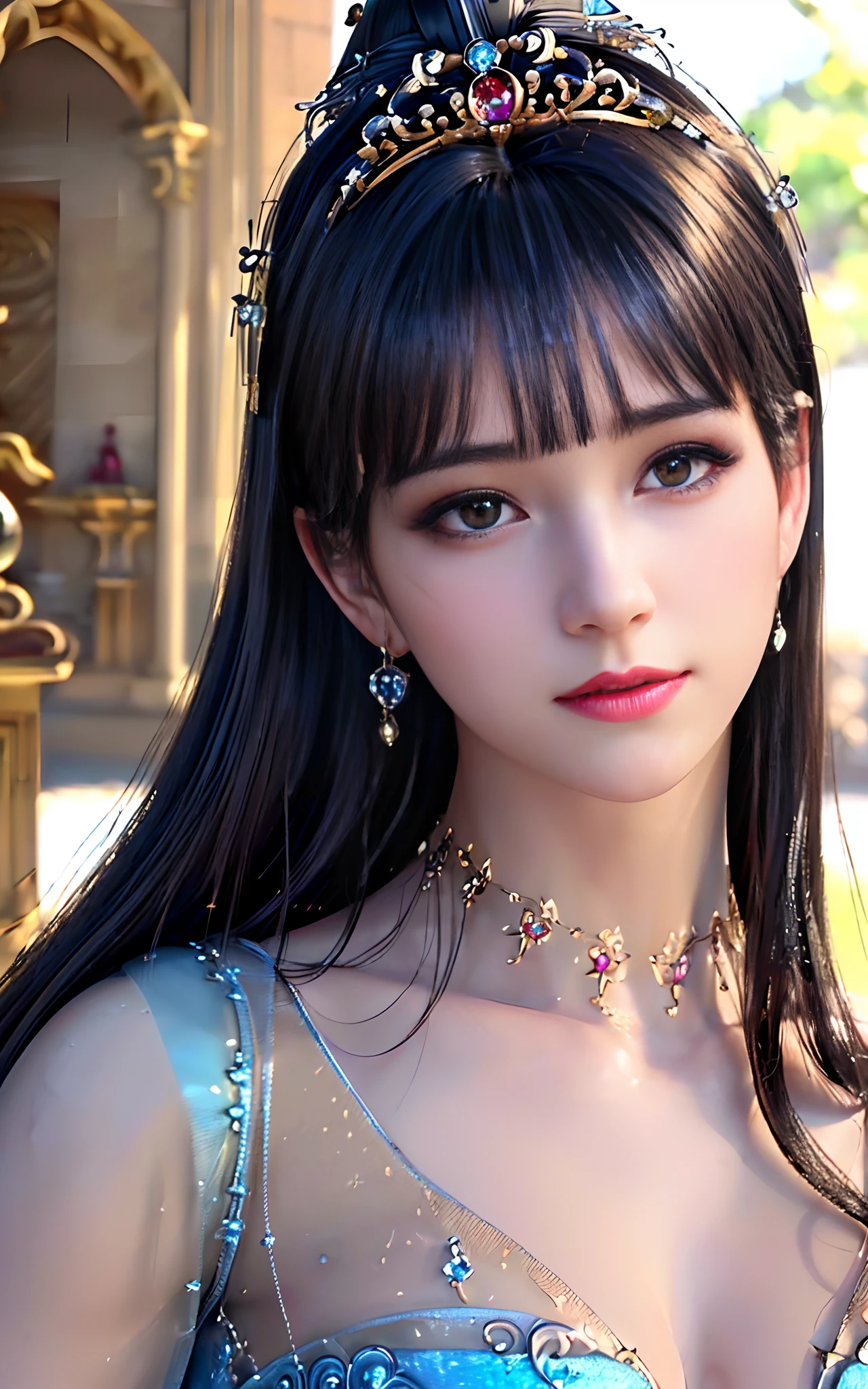 ((realisticity: 1.2)), ((best resolution: 8K UHD)), best quality,masterpiece,highres,cg,
((1 super detailed and super realistic girl)), ((very beautiful queen dazzling, super realistic, and super detailed)),((white skin, beautiful, smooth, youthful, super realistic and super detailed
)), long hair, ((super realistic and super detailed dress)), solo, ((super realistic, super beautiful, gorgeous and super detailed jewelry)), ((super beautiful, super realistic and super detailed dark red and golden yellow dress)),
((super beautiful, super realistic, super detailed diamond filled earrings)),
((super beautiful, super realistic and super detailed diamond filled hair ornament)), ((super beautiful upper body, super beautiful, super realistic and super detailed)), ((big breasts: 2.5)),
((super grand, super realistic and super detailed royal palace backgroun))
((super beautiful, super beautiful, super realistic and super detailed hair bun)), ((super beautiful, super realistic and super detailed blue hair)),
candid, Photograph, high resolution, 8k,Bokeh,