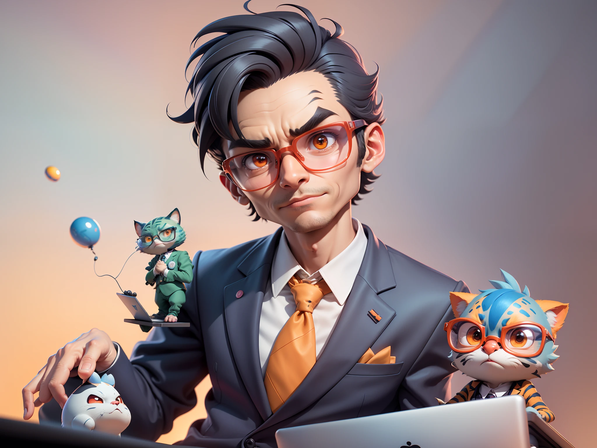 A young man in a suit, Short hair and glasses sat at his desk,holding laptop,digitial painting,tigre,3D character design by Mark Clairen and Pixar and Hayao Miyazaki and Akira Toriyama,4K HD illustration,Very detailed facial features and cartoon-style visuals。