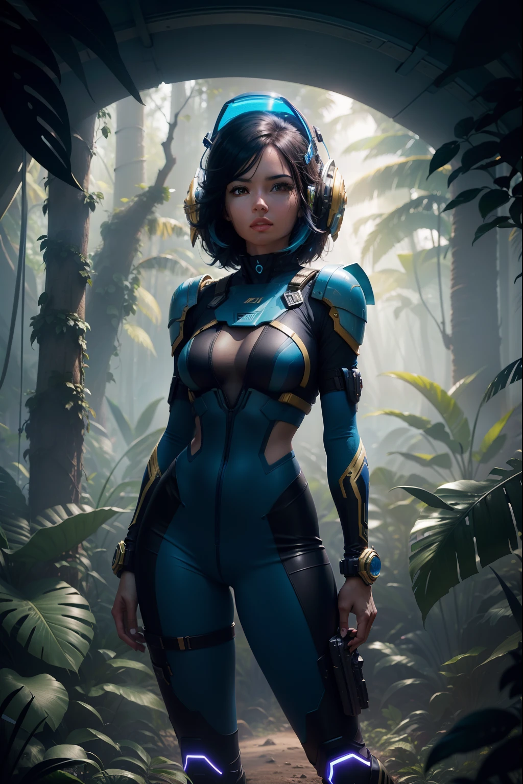 a vibrant cinematic full body photo of a female adventure in the jungle, octane render, high quality ultra future blue an gold space combat visor up, alien planet background