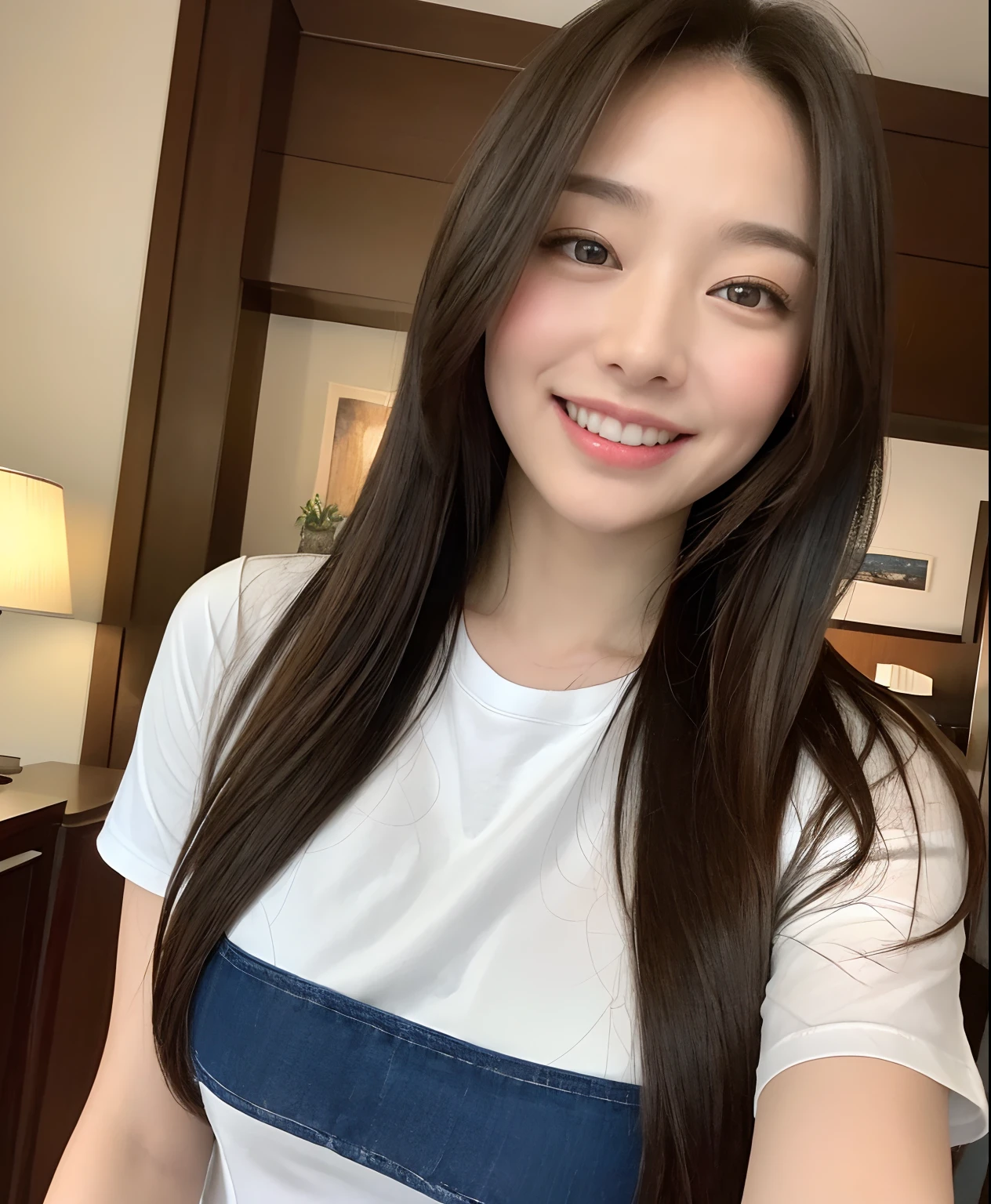 ((top-quality、8K、​masterpiece:1.3))、1girl in、Beautiful woman with plump abs emphasized:1.3、(The long-haired、Colossal tits:1.2)、Reading at the hotel、Super delicate face、wholesome、二重まぶた、A smile that showed teeth、Random Color T-Shirt、Looking at the camera、Big smile、Look here、Look at me with your eyes wide open、Cozy feeling、Have a book、tshirts