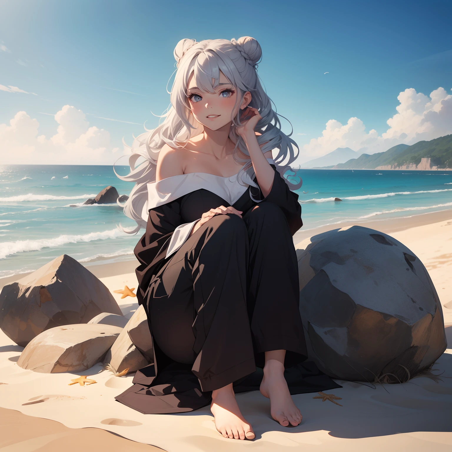 (masterpiece, best quality), hyperrealistic, cinematic, anime girl, (off-the-shoulder romper with wide-legged pants:1.5), ((seaside background:1.4)), 1 girl, ((silver hair:1.5)), ((Low bun with beachy waves hairstyle:1.5)), ((full-body shot:1.3)), head to toe visibility, perfect anatomy, curvaceous body, alluring, long round legs, extra large chest, perfect eyes, perfect hands, seated on the sand, legs crossed, and the romper's off-the-shoulder style elegantly showcased, one hand can rest on the armrest while the other lightly touches the hair, (a serene and content smile and slightly parted lips:1.2), capturing a sense of relaxation and appreciation for the seaside setting, extremely detailed Artgem, ig model, artgem, alena aenami and artgem, krenz cushart and artgem, artgem and atey ghailan