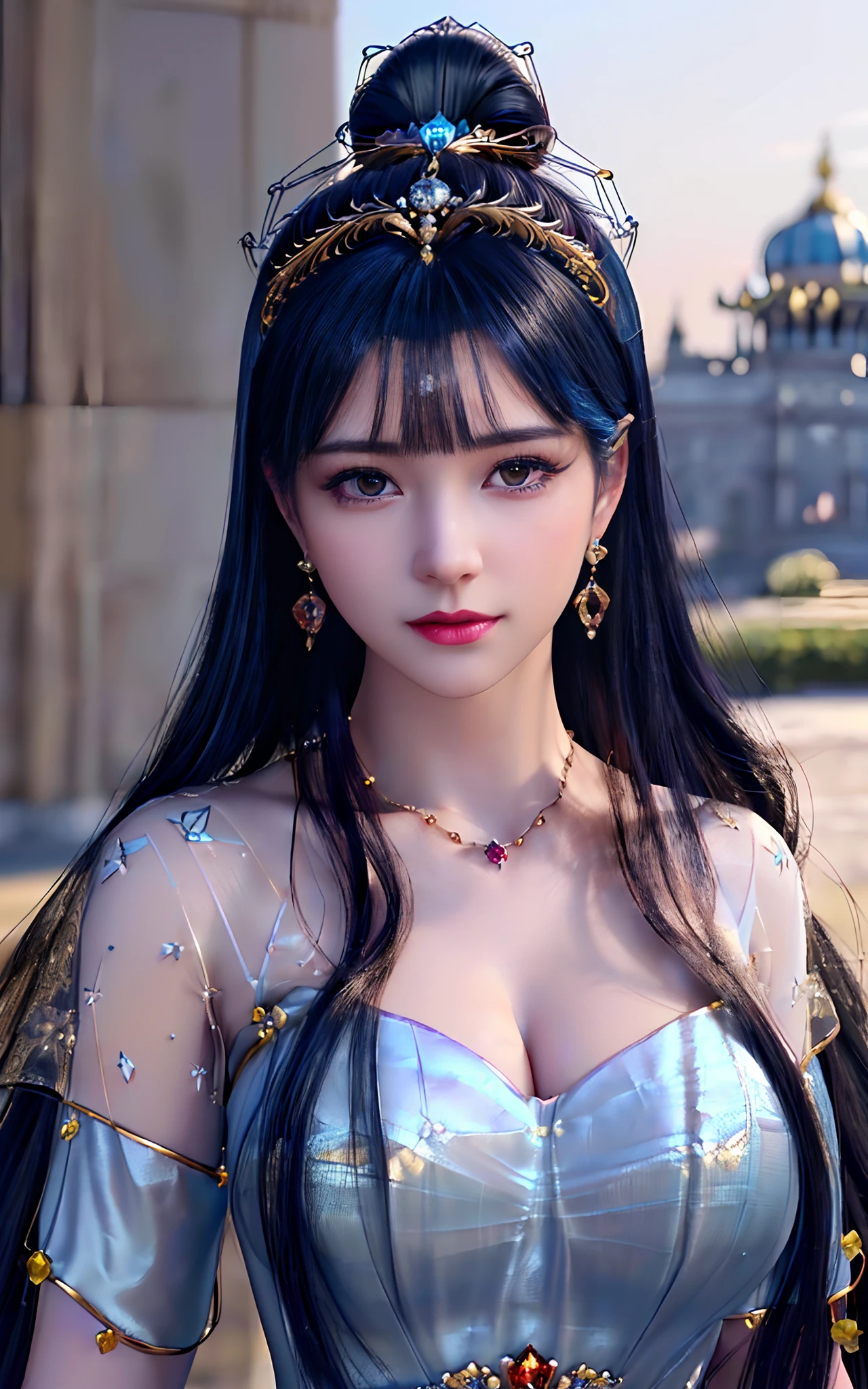 ((realisticity: 1.2)), ((best resolution: 8K UHD)), best quality,masterpiece,highres,cg,
((1 super detailed and super realistic girl)), ((very beautiful queen dazzling, super realistic, and super detailed)),((white skin, beautiful, smooth, youthful, super realistic and super detailed
)), long hair, ((super realistic and super detailed dress)), solo, ((super realistic, super beautiful, gorgeous and super detailed jewelry)), ((super beautiful, super realistic and super detailed dark red and golden yellow dress)),
((super beautiful, super realistic, super detailed diamond filled earrings)),
((super beautiful, super realistic and super detailed diamond filled hair ornament)), ((super beautiful upper body, super beautiful, super realistic and super detailed)), ((big breasts: 2.5)),
((super grand, super realistic and super detailed royal palace backgroun))
((super beautiful, super beautiful, super realistic and super detailed hair bun)), ((super beautiful, super realistic and super detailed blue hair)),
candid, Photograph, high resolution, 8k,Bokeh,