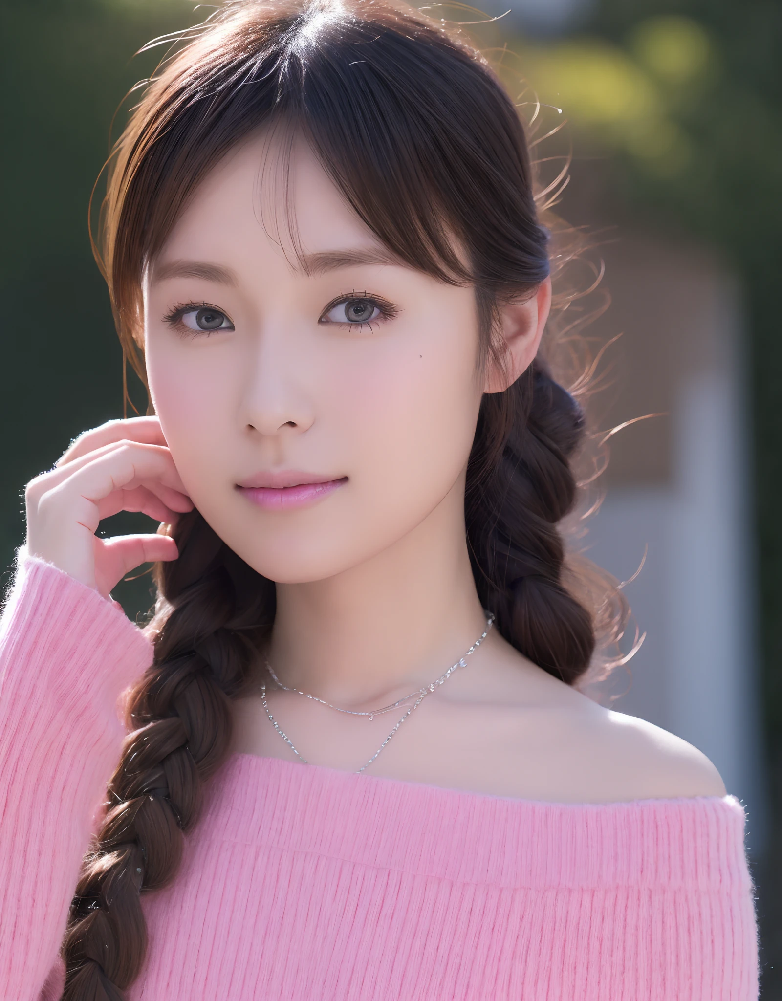 Woman in her 20s with braided hair Japan, rosy cheeks, Silver necklace, pink off-shoulder sweater. (8K, Best Quality : 1.2), (masutepiece, Photorealistic : 1.3), Super Detail, Anatomically correct