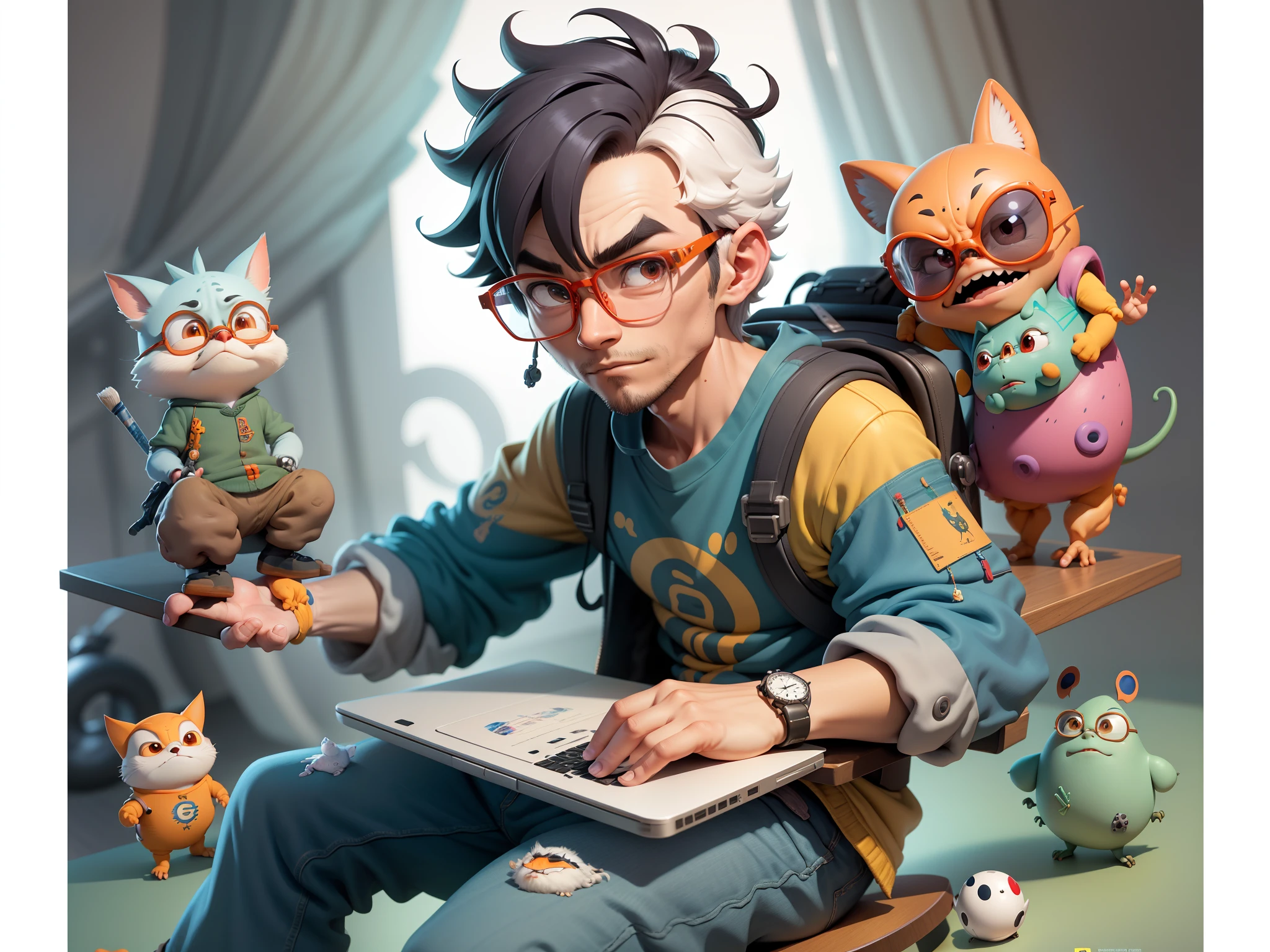 A young man with glasses sits at his desk,holding laptop,digitial painting,3D character design by Mark Clairen and Pixar and Hayao Miyazaki and Akira Toriyama,4K HD illustration,Very detailed facial features and cartoon-style visuals。