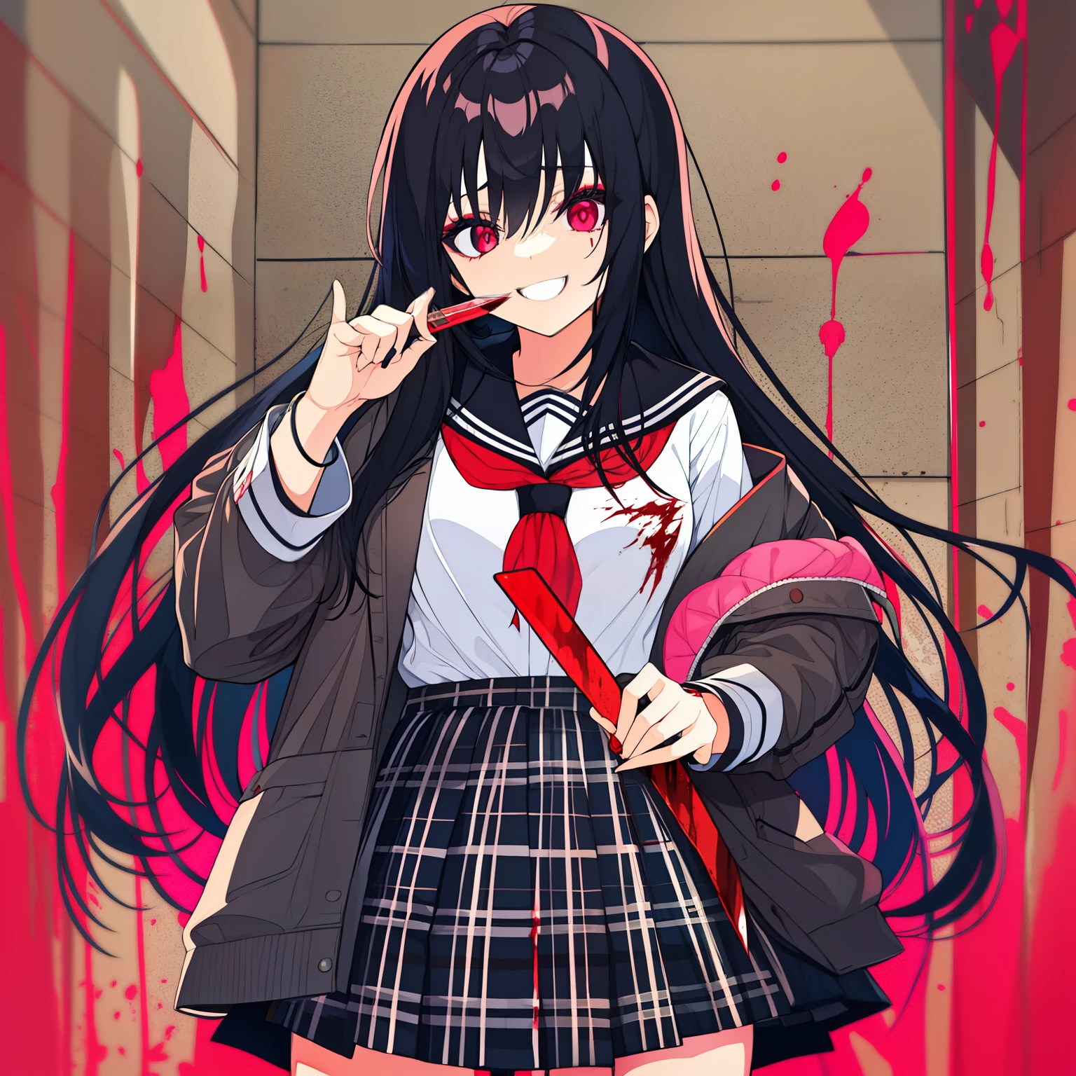 age female with black hair, unkept hair, messy hair, messy clothing, insane eyes, in a schoolgirl outfit, antisocial, eye shadow, red eye color, bags under eyes, lots of eyeshadow on, bloody, yandere, insane, holding a knife, crazy smile, blood on her clothes