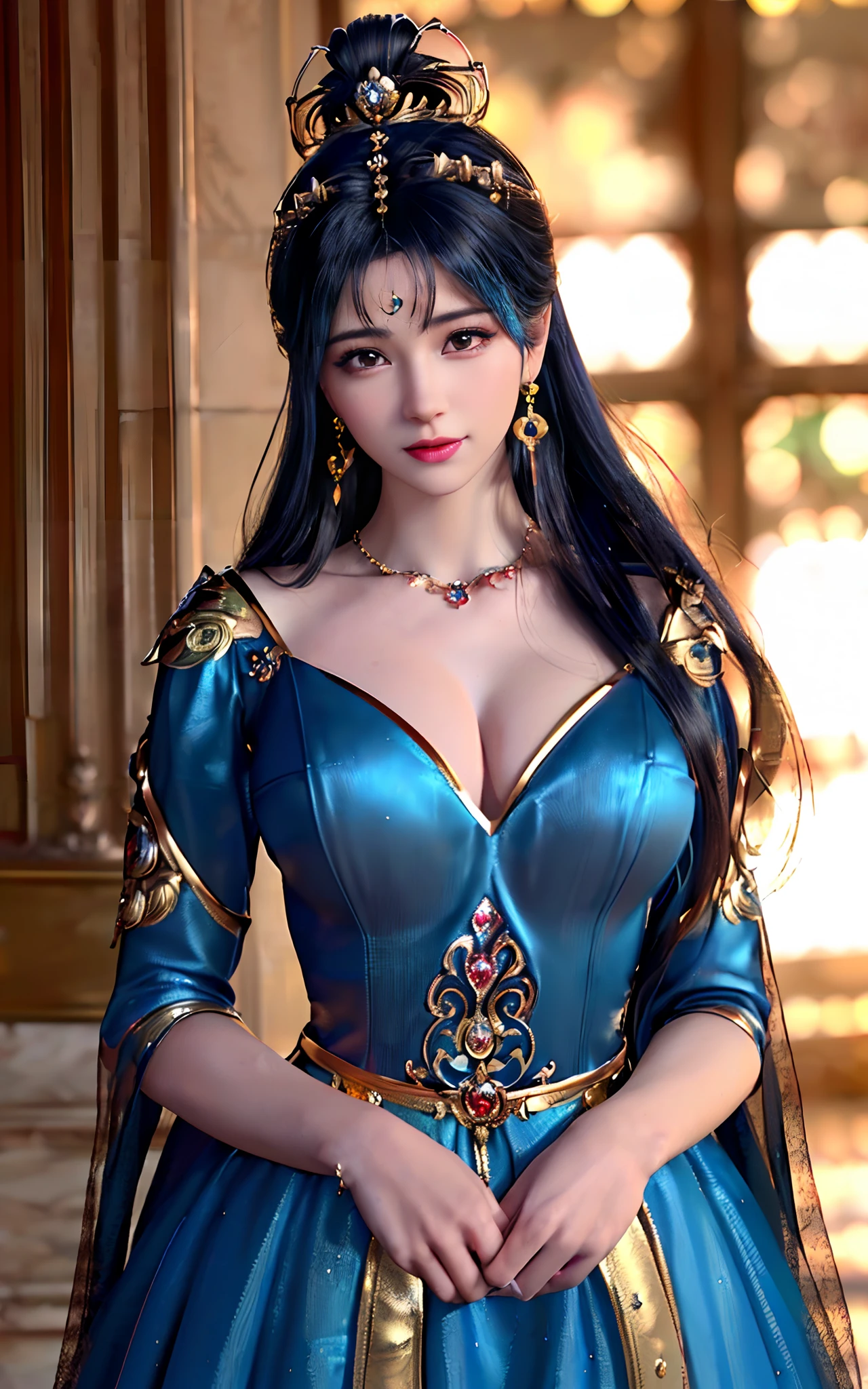 ((realisticity: 1.2)), ((best resolution: 8K UHD)), best quality,masterpiece,highres,cg,
((1 super detailed and super realistic girl)), ((very beautiful queen dazzling, super realistic, and super detailed)),((white skin, beautiful, smooth, youthful, super realistic and super detailed
)), long hair, ((super realistic and super detailed dress)), solo, ((super realistic, super beautiful, gorgeous and super detailed jewelry)), ((super beautiful, super realistic and super detailed dark red and golden yellow dress)),
((super beautiful, super realistic, super detailed diamond filled earrings)),
((super beautiful, super realistic and super detailed diamond filled hair ornament)), ((super beautiful upper body, super beautiful, super realistic and super detailed)), ((big breasts: 2.5)),
((super grand, super realistic and super detailed royal palace backgroun))
((super beautiful, super beautiful, super realistic and super detailed hair bun)), ((super beautiful, super realistic and super detailed blue hair)),
candid, Photograph, high resolution, 8k,Bokeh,
