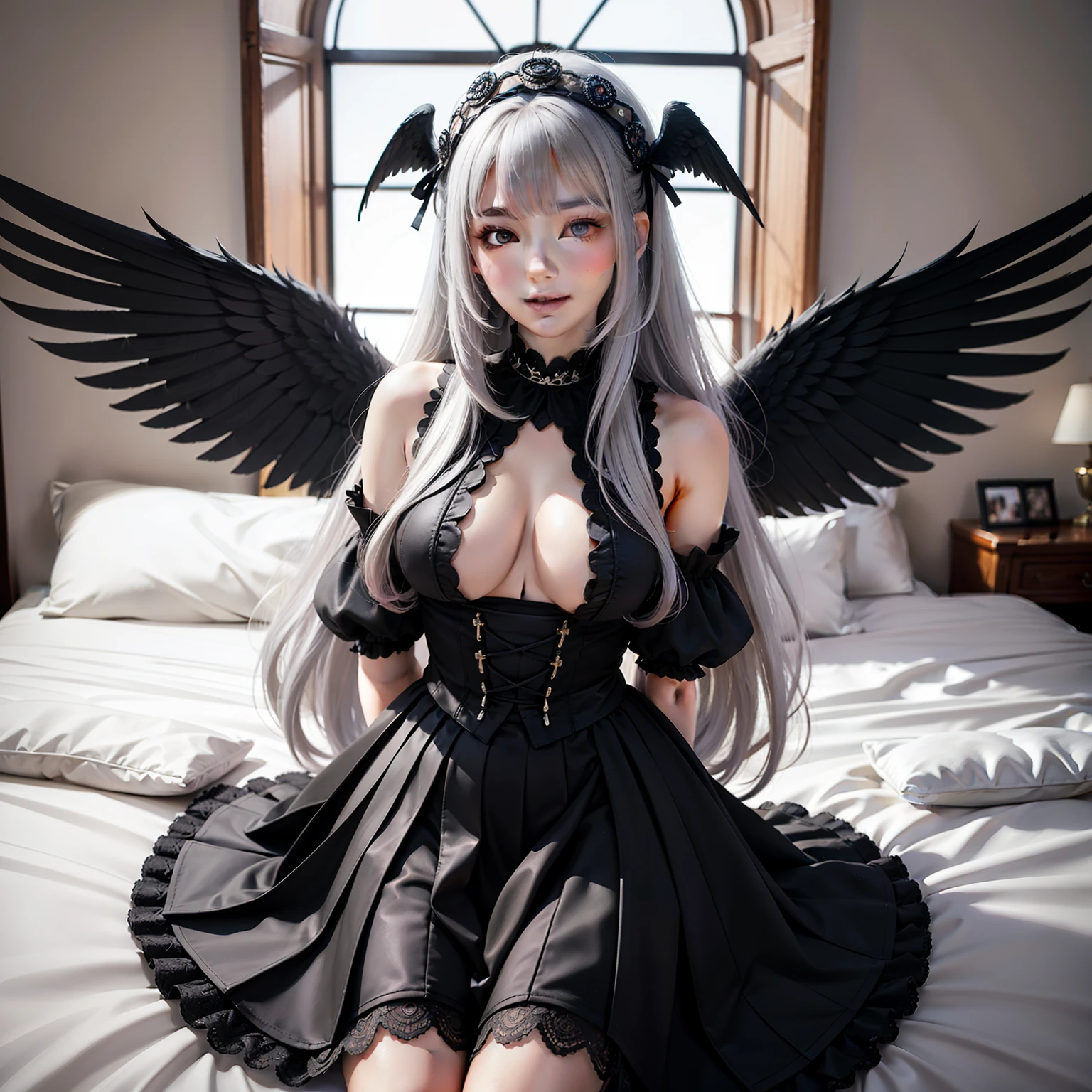 high-level image quality、masterpiece、Raw photography、8K、detaileds、1 persons、独奏、Elaborate spherical joint doll like a girl、You are a doll、Mostly spherical articulated dolls、Only one person on screen、rosen maiden(Mercury lamp)、White silver hair、Dark silver hair、very long hair with sideburns,,,,,、The bangs are in the center、Long straight hair、、Super long hair、cuticle、long hair to the waist、very long hair with habitual hair、Black headband、Black Ribbon Adorable、Rin々Right、Full body like、has black plumage、Angel black wings on the back、large black feathers、Wearing the Black Feathers of a Fallen Angel、black feathers on the back,,,,,、Black feathers flutter、Crimson eyes、Redeye、Very red eyes、Staring into red eyes、Thin eyebrows、Suspended Eyes、Fishing eyes、dual、eyeshadows、poisonous mist、Long-haired gaze、huge smile、Personality Tough、Fluffy smile、Gothic ta Fashion、black and white clothes、Inverted cross embroidery on black skirt、Wear black leather boots、Fluttering lace skirt、Medium Beautiful Breasts、Swaying udder、Underdeveloped girls、Saint a girl、The gaze is watching the viewing、Lying on the floor、Place your arms on the ground、in a house、Inside a Nordic castle、a bed、Night、Red cheeks、excited、Contemptuous gaze