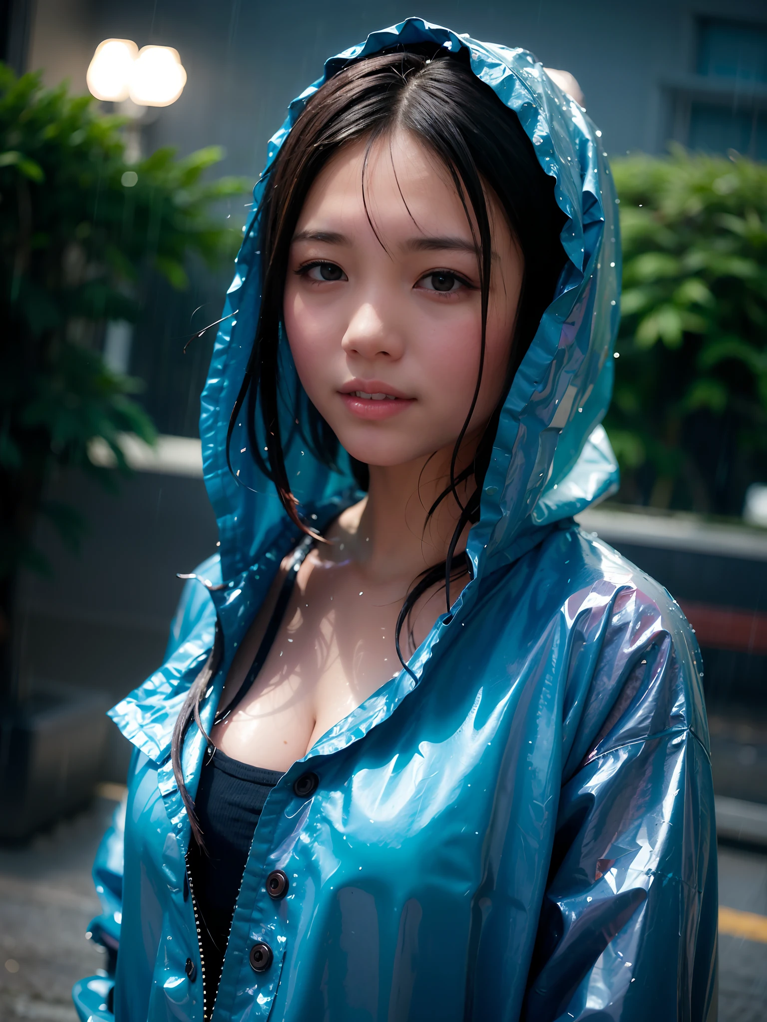 Beautie、18year old、A smile、during daytime、Woman in Alafe raincoat standing in rain, she is wearing a wet coat, raining portrait, girl in raincoat, Cute little girl standing in the rain, glossy from rain, rainy wet, with teal clothes, Sateen, In the rain, ross tran 8 k, Korean Girl, Japanese Models, beautiful Korean women, Wet from rain