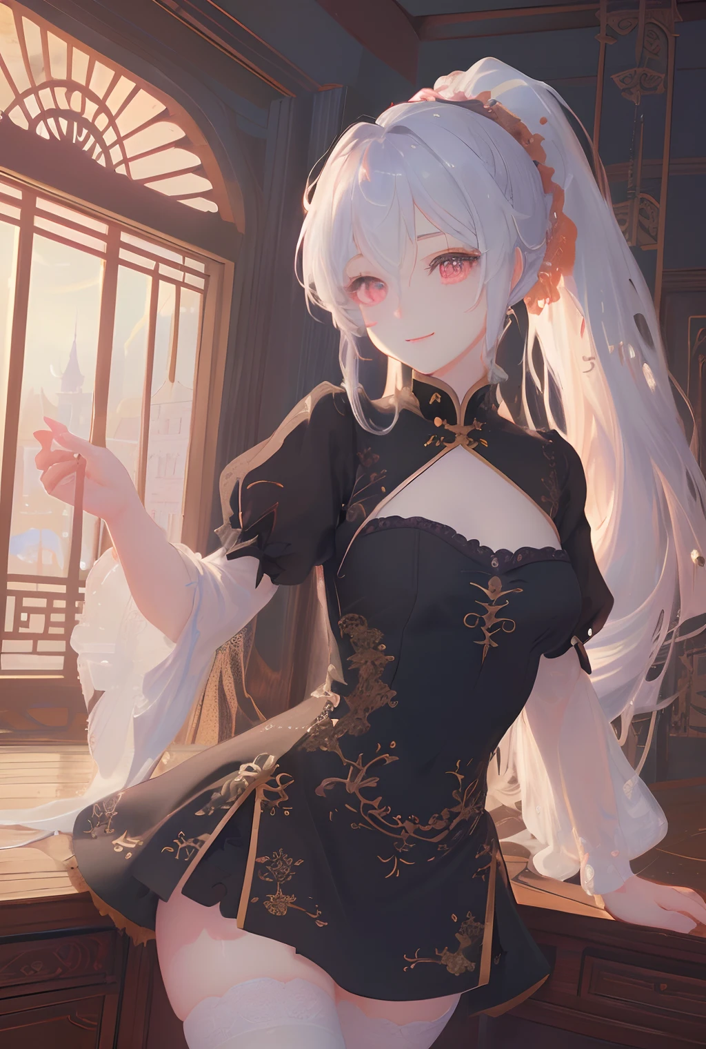 art by Cornflower, dreamy,(masterpiece,best quality,1girl,Amazing,beautiful detailed eyes,finely detail,Depth of field,extremely detailed CG,original, extremely detailed wallpaper,china town,bent over,black_thighhighs,china dress,red eye,white hair,outstretched arm,ponytail,light smile,sideways glance,),((best quality, masterpiece, illustration, an extremely delicate and beautiful, extremely detailed ,CG ,unity ,wallpaper,photorealistc, masterpiece, 4k, 8k, highres)), beautiful background,