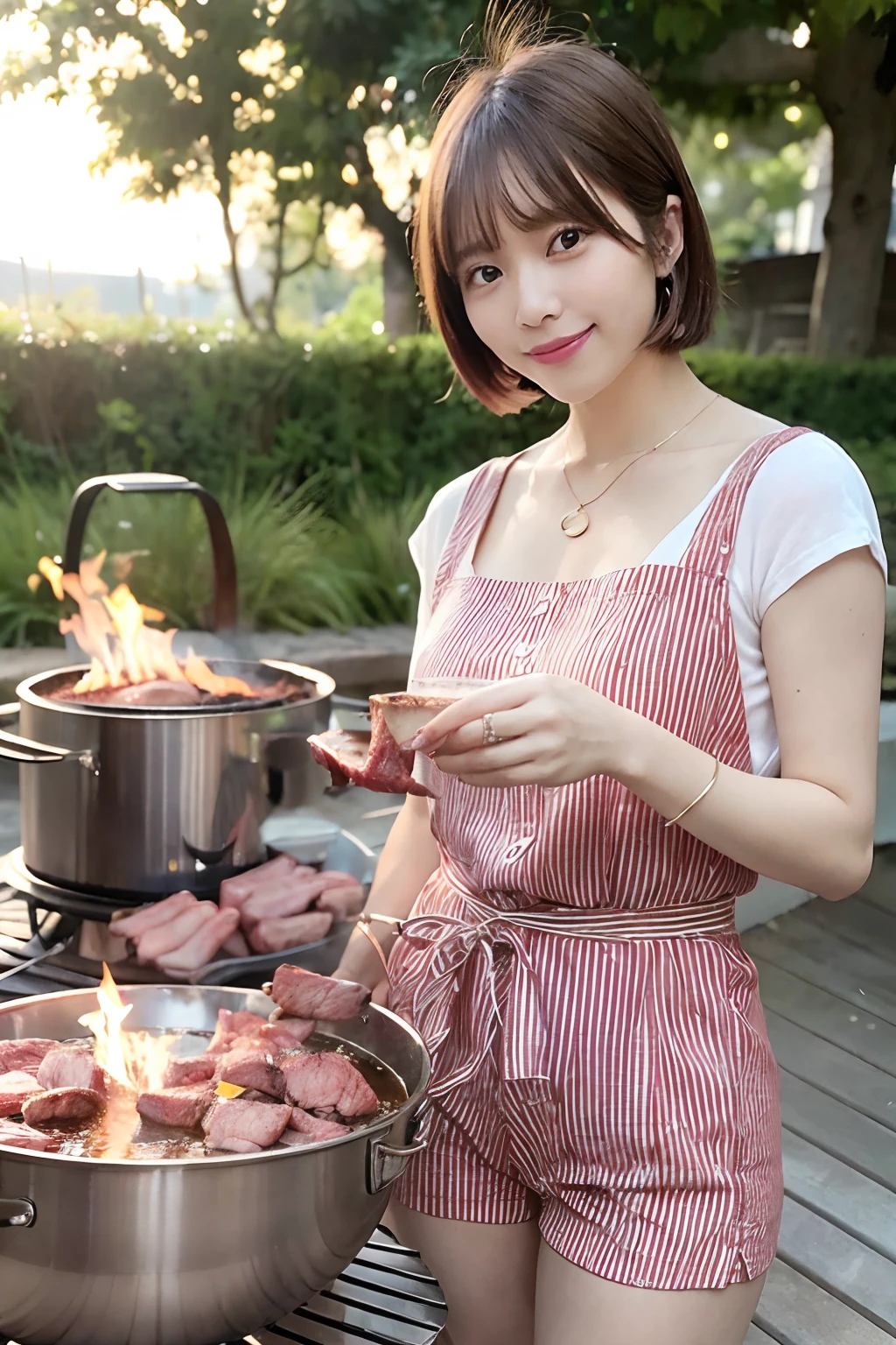 masutepiece,Best Quality,hight resolution,Realistic,Portrait photos,), (Solo Beauty Idol Girl,),(Light brown and pink striped hair,Straight Bob Cut Hair,hair pin,),Happy smiling face、Girl enjoying barbecue on beautiful riverbed,(Roast the meat on a strong fire with a drink in one hand:1.3),Loose T-shirt.mid-riff peak,shortpants,Necklace,Piercing,Beautiful hands,Beautiful fingers,
(Looking at Viewer,),(sun beam, Backlighting,)(Full body shot,),