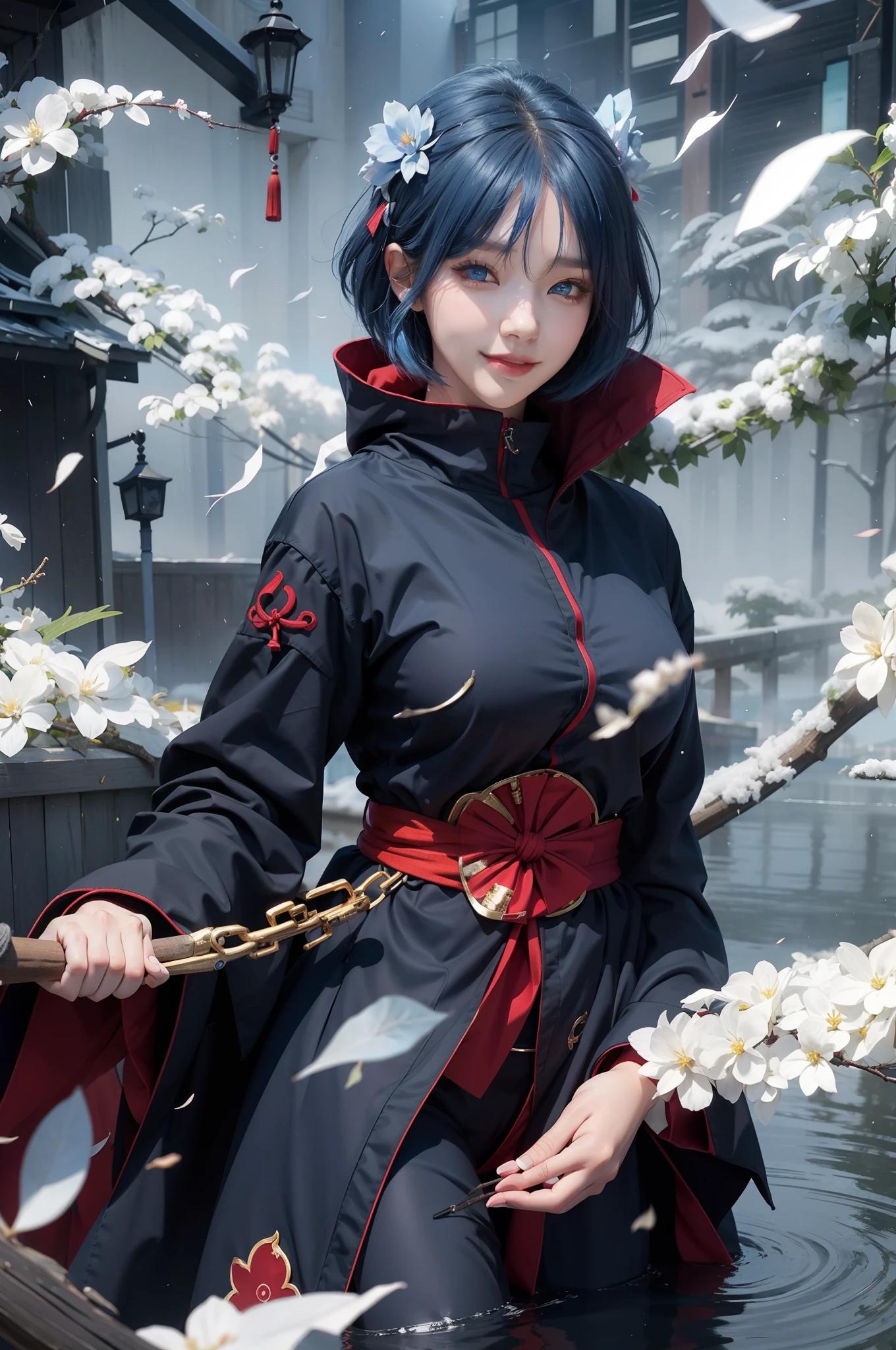 1girl, konan akatsuki, korean k-pop idol, blue hair, short hair, blue eyes, smile, very big breasts, black and red clothes, realistic, ultra detail, outdoor background