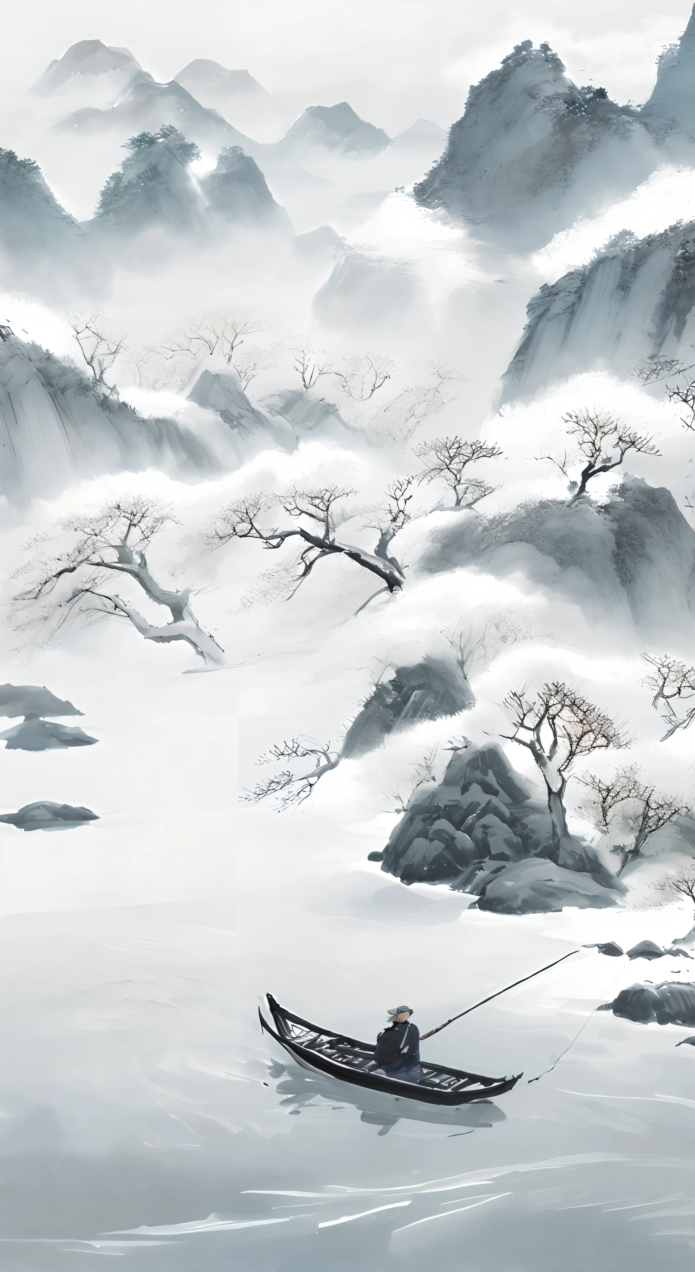 There was a man on the boat fishing on the river,nevando,((White snow)),snowfield,((snow landscape)),The background is mountains,( Chinese painting style), Traditional Chinese painting, (Chinese style painting),(ink wash style)),Chinese landscape,Wearing a cloak,Wear a gown