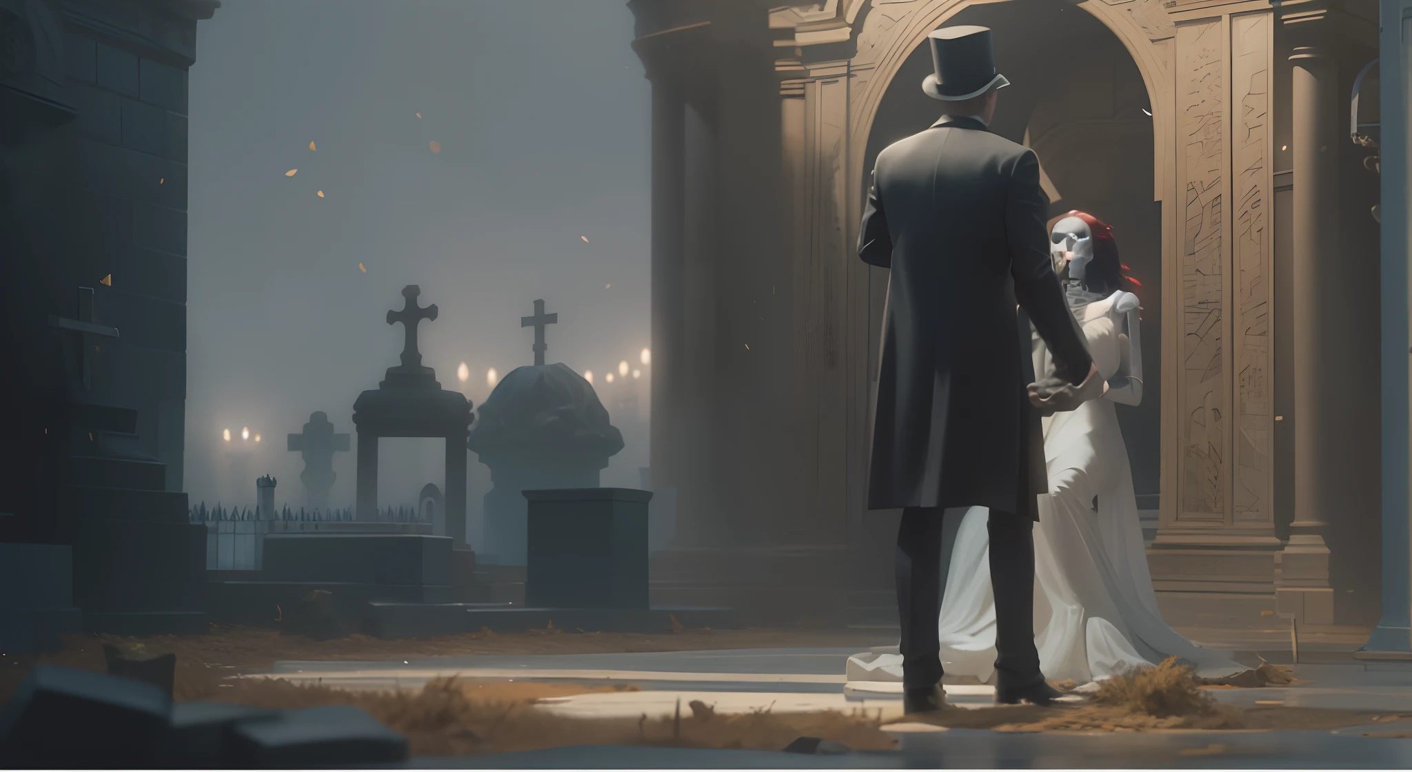 There's a man standing in front of an ultra-realistic skull (com um vestido e cabelos longos) crouched in a cemetery at night, detailed cinematic shot, cutscene, detailed cinematic render, Motor irreal ; romantic horror theme, cutscene de videogame, Imagens de cutscene, Volume Raytracing Fog, in-game cinematic, eerie nostalgic concept art, beautiful and cinematic lighting, volumetric lighting and fog, foggy volumetric lighting