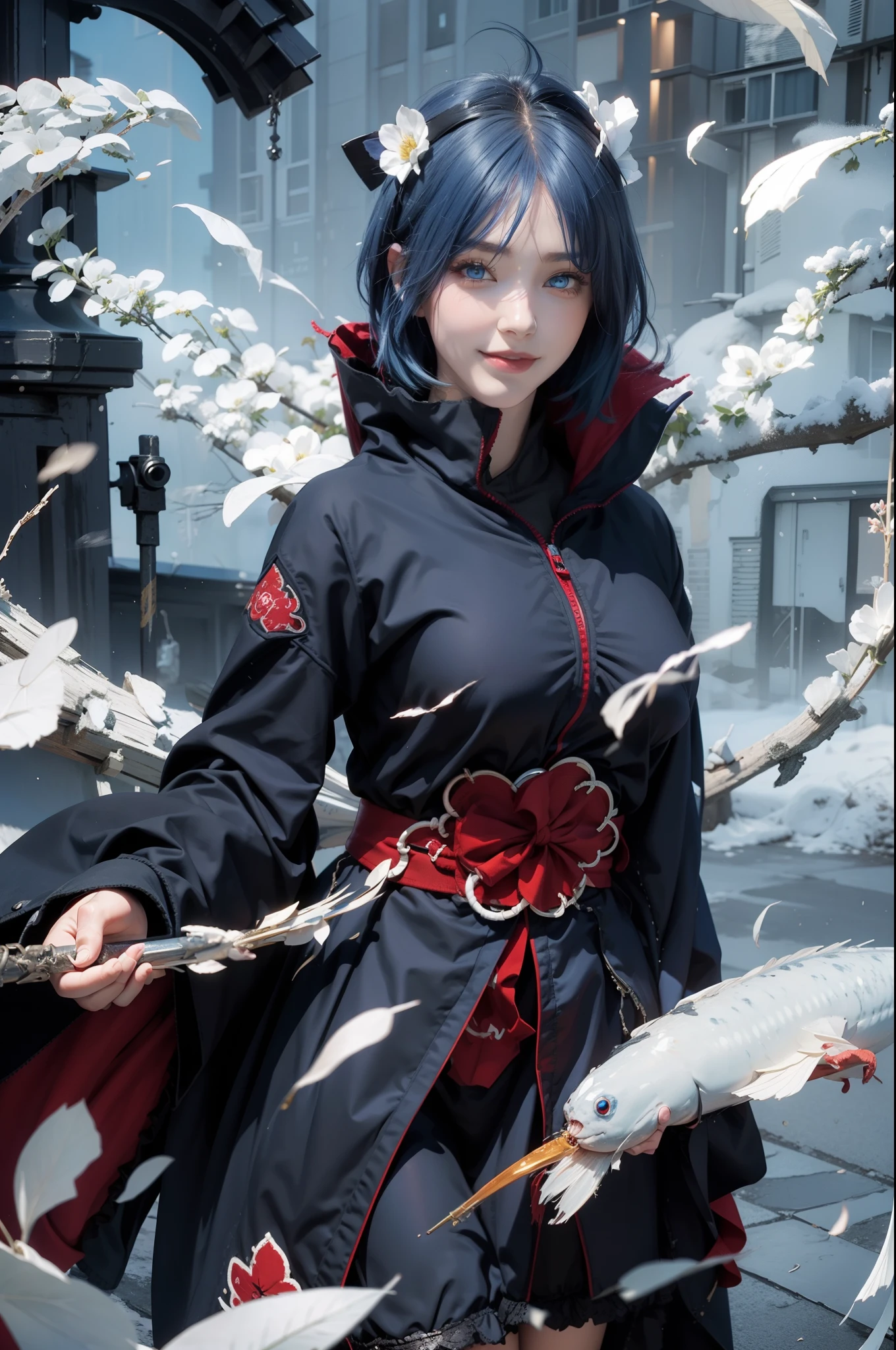 1girl, konan akatsuki, blue hair, short hair, blue eyes, smile, very big breasts, black and red clothes, realistic, ultra detail, outdoor background