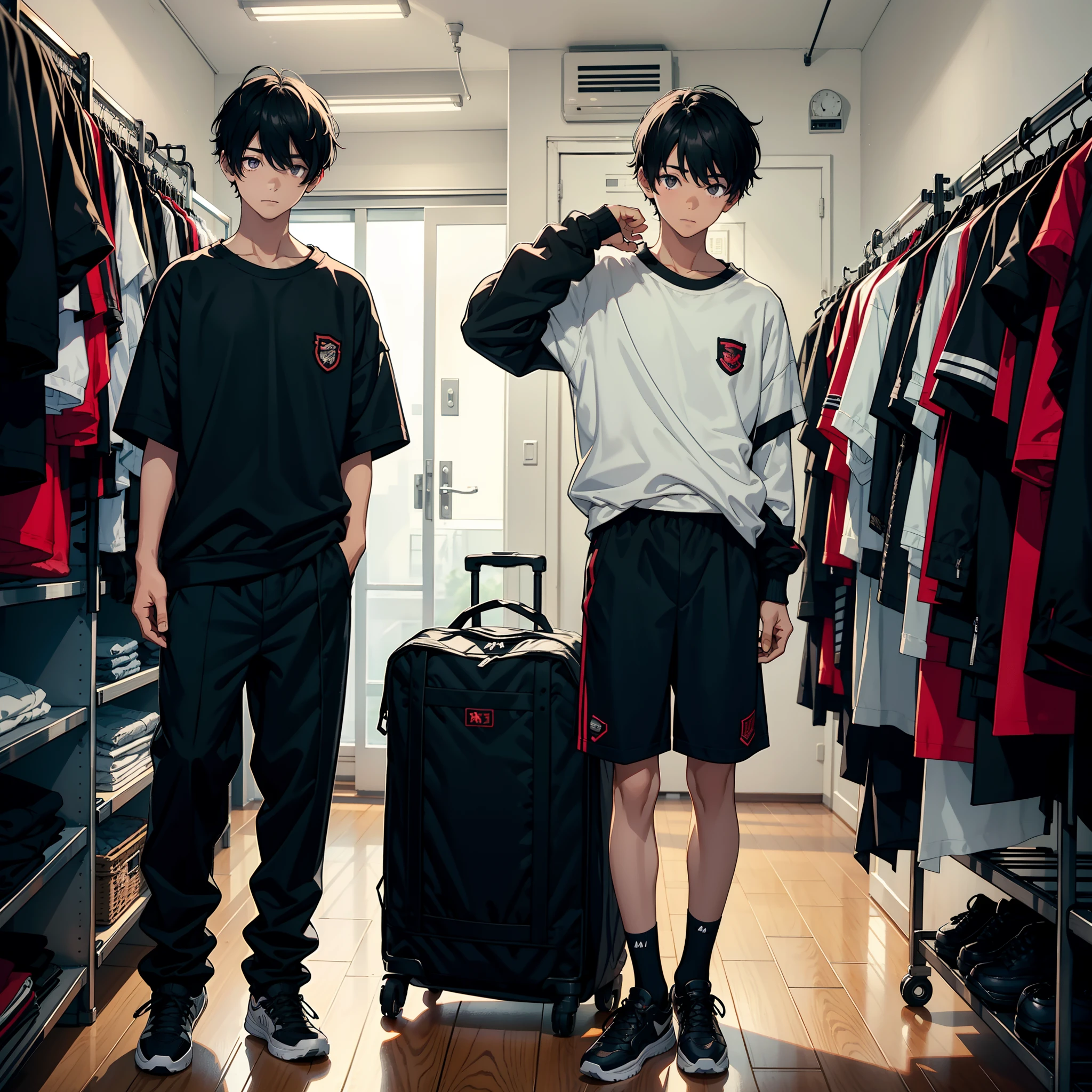 (A boy with),black color hair,Black eyes,((Blackn clothes)),schools,Standing in the dormitory