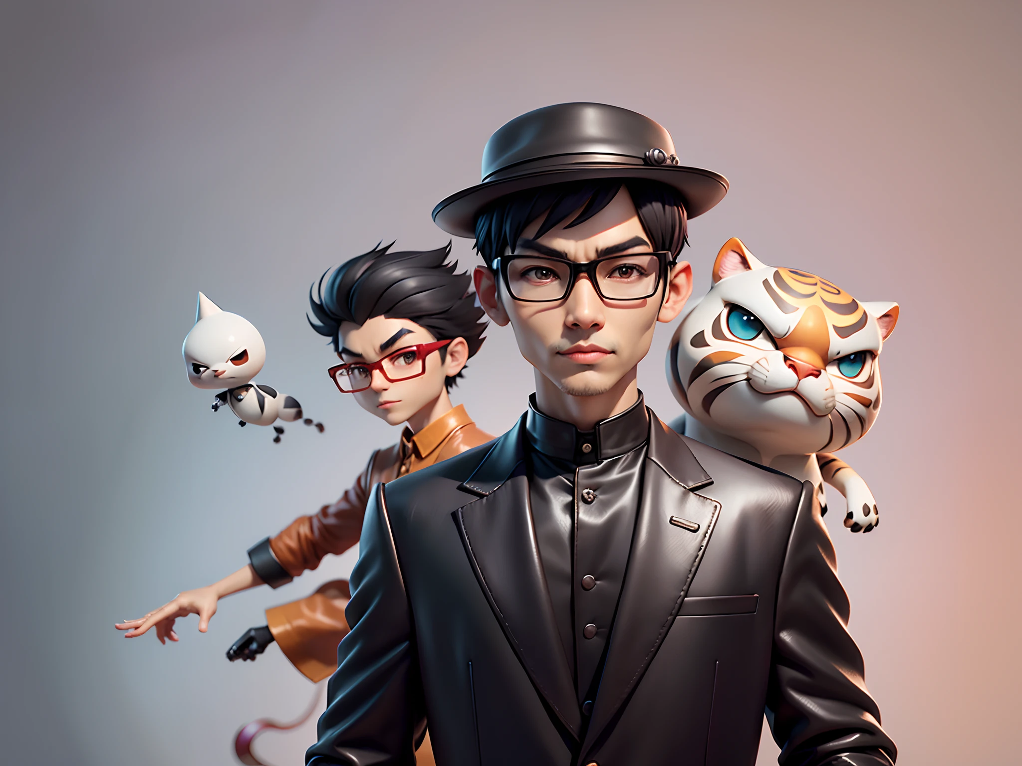 Young man with oriental face in leather hat, tiger, oriental face in formal suit, short black hair, silver glasses, digital painting, 3D character design by Mark Clairedon and Pixar and Hayao Miyazaki and Akira Toriyama, the illustration is a high-definition illustration in 4K resolution with very detailed facial features and cartoon-style visuals.