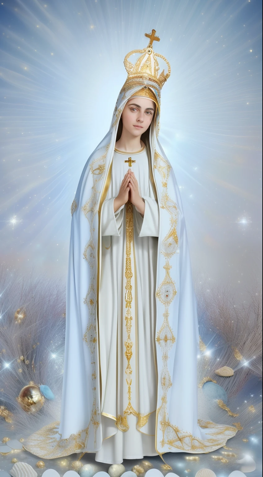 (((HOLY VIRGIN MARY. 19 years old))) ((( Con una cara seria y piadosa. Con una mirada dulce y tierna))) (obra maestra, calidad superior, mejor calidad, arte oficial, beautiful and aesthetic: 1.2), (1girl), extremadamente detallado, (Arte fractal: 1.3), colorido, highest detailed, Cara perfecta, parte superior del cuerpo, HDR, (orando: 1.3), (golden lines of white coat: 1.2), galaxia, (rayas de luz), eye-catching visuals, (dynamic stripes, senderos luminosos: 1.2), colores vibrantes,