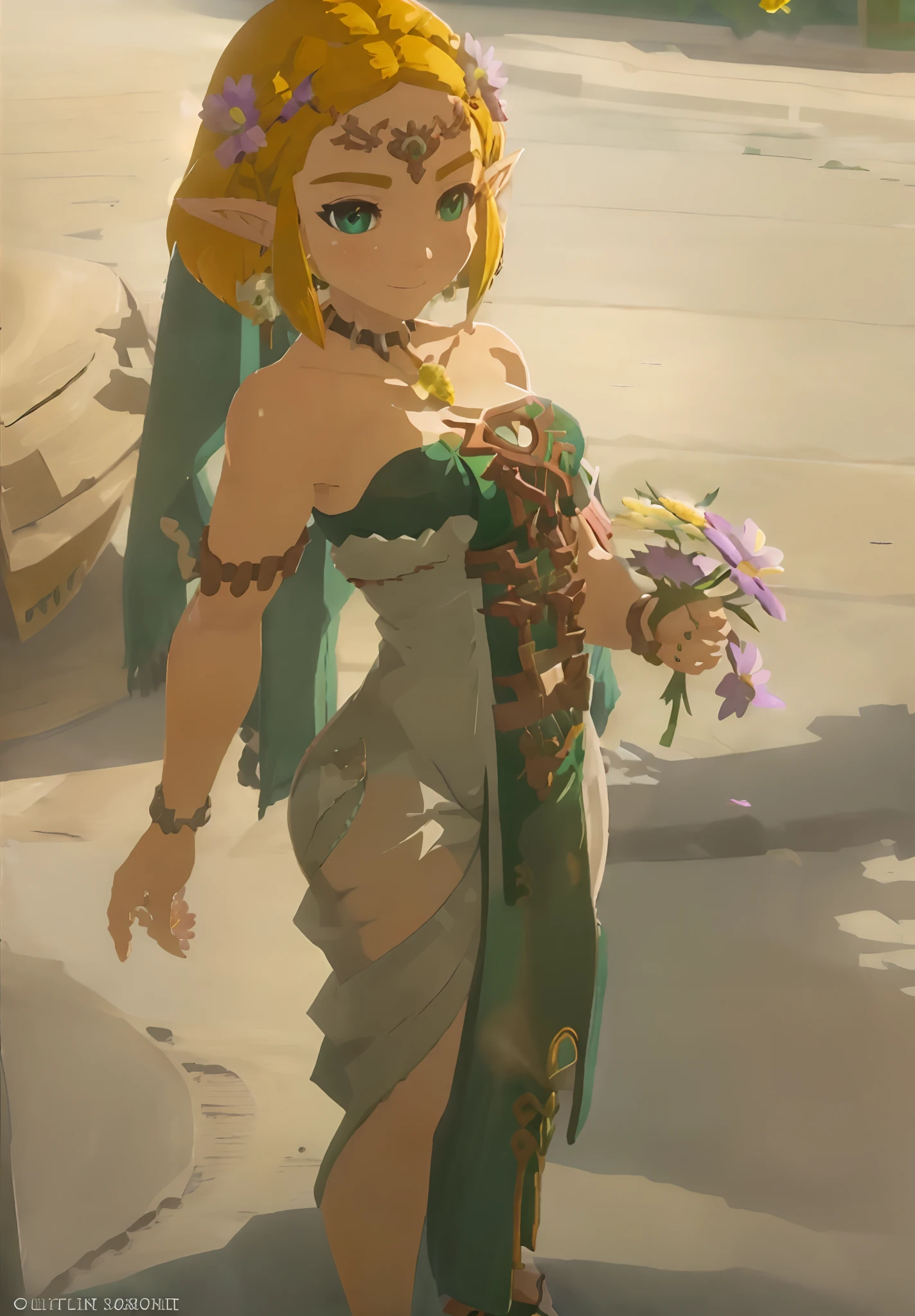 zeldatotk,1girl,smile,cel shading,full body in view,green eyes , (((busty))), (((big breast))), cleavage, (((holding a flower)))