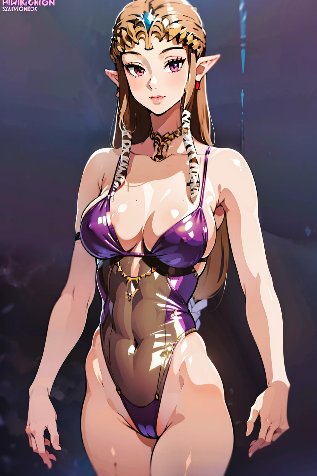 8K high quality, high accuracy, Princess Zelda, beautiful figure, beautiful face, small face, depicted from head to waist, beautiful figure, leotard, purple dress, bright, highlights white eyes skin,, small ears, brown hair, sexy, super big tits, extra big tits, erotic, illustration, micro bikini, beautiful line drawing.
Shiny skin,