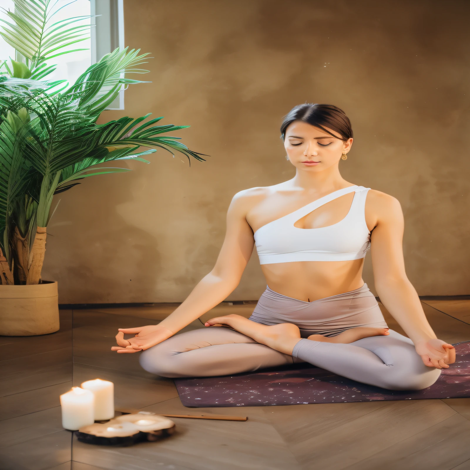 There is a woman sitting in a yoga position with a candle, meditation pose, meditating pose, yoga meditation pose, lotus pose, Pose Sacral Meditativa, Meditating in lotus position, Pose sentada, Relaxed posture, relaxed pose, pose suave e calma, sitting dynamic pose, fumar com pose de agachamento, Pose estoica, pose de ioga, sentado de pernas cruzadas