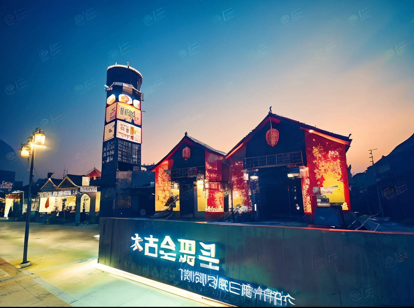 Night view of the building with a bell tower and red and yellow flower signs, exhibition hall lighting, sichuan, makes the sea area glowing water, Hangzhou, inspired by Huang Tingjian, advertising lighting, tourist destination, zhouzhuang ancient town, beijing, inspired by Hu Jieqing, guangjian, thanshuhai