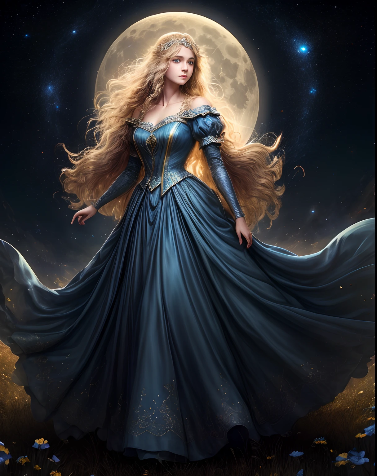 (best quality, masterpiece), young woman, medieval princess blue dress, pose, particle, wind, flower, upper body, full moon night background, looking at viewer, long straight windblown golden hair, detailded blue eyes, galaxy, backlit, rimlight, beautiful artwork, perfect composition