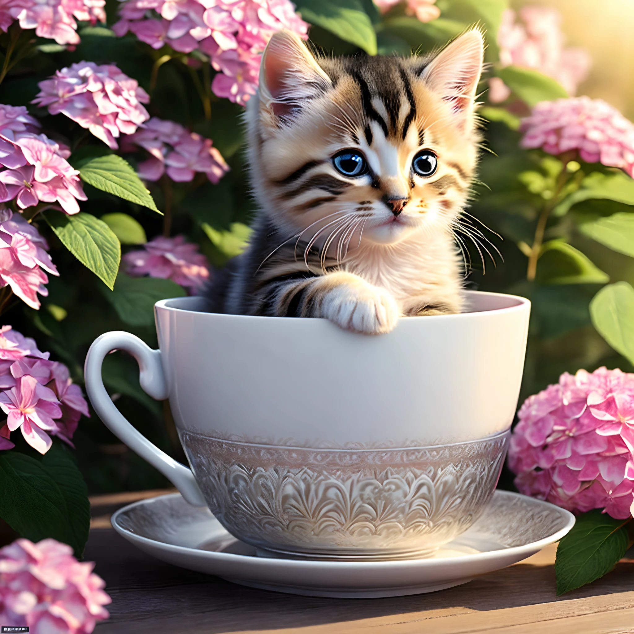 In this ultra-detailed CG art，Cute kitten sitting in a cup，Surrounded by morning light，The cup is covered with pink hydrangeas，Best quality at best，A high resolution，Complicated details，fanciful，cute animal