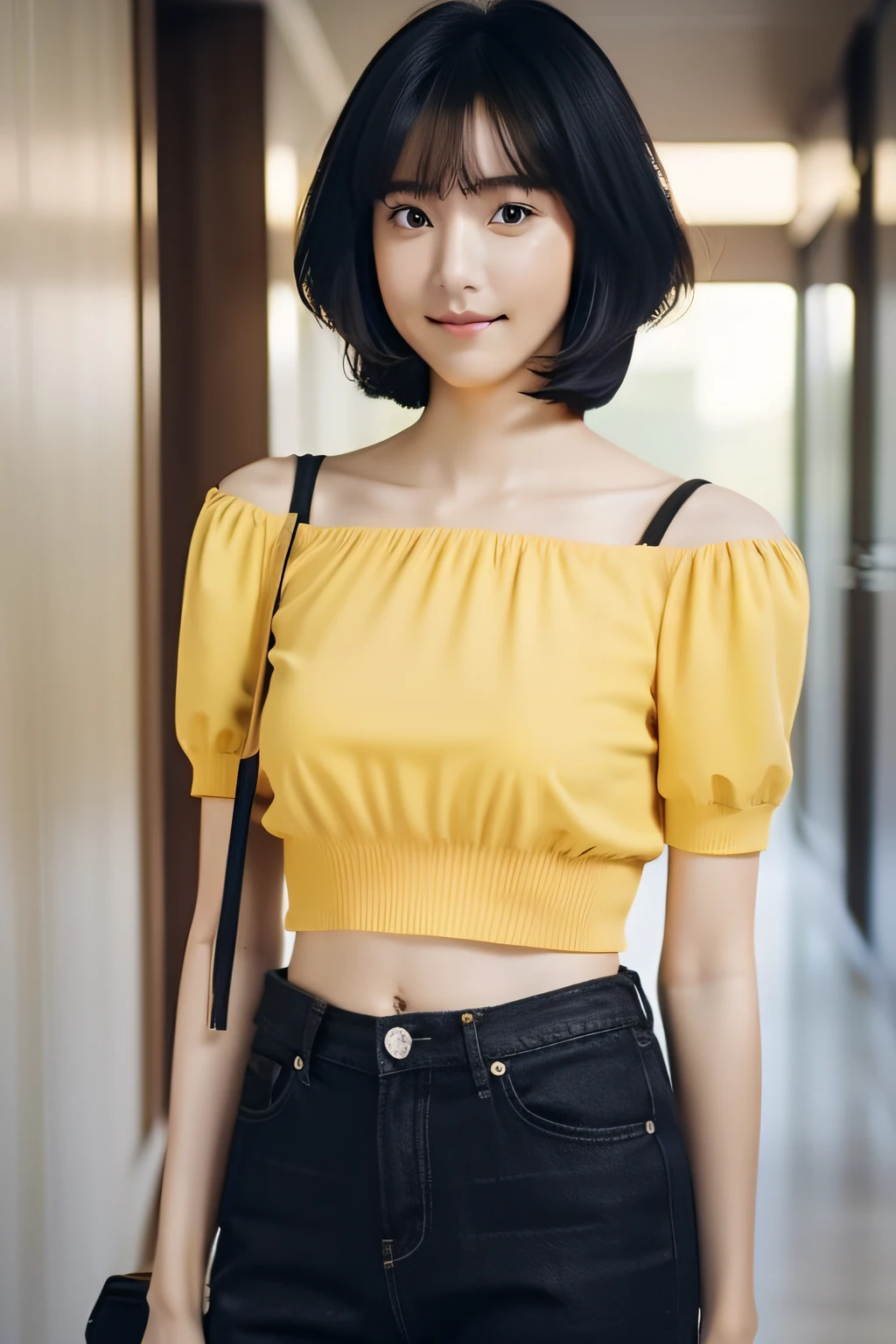 Woman in black bag and yellow top stands in hallway, wearing yellow croptop, With short hair, Wearing a camisole, wearing a cute top, photo of slim girl model, ulzzangs, Wearing a striped shirt, korean female fashion model, with short hair with bangs, Wavy hair yellow theme, casual clothing style, infp young woman