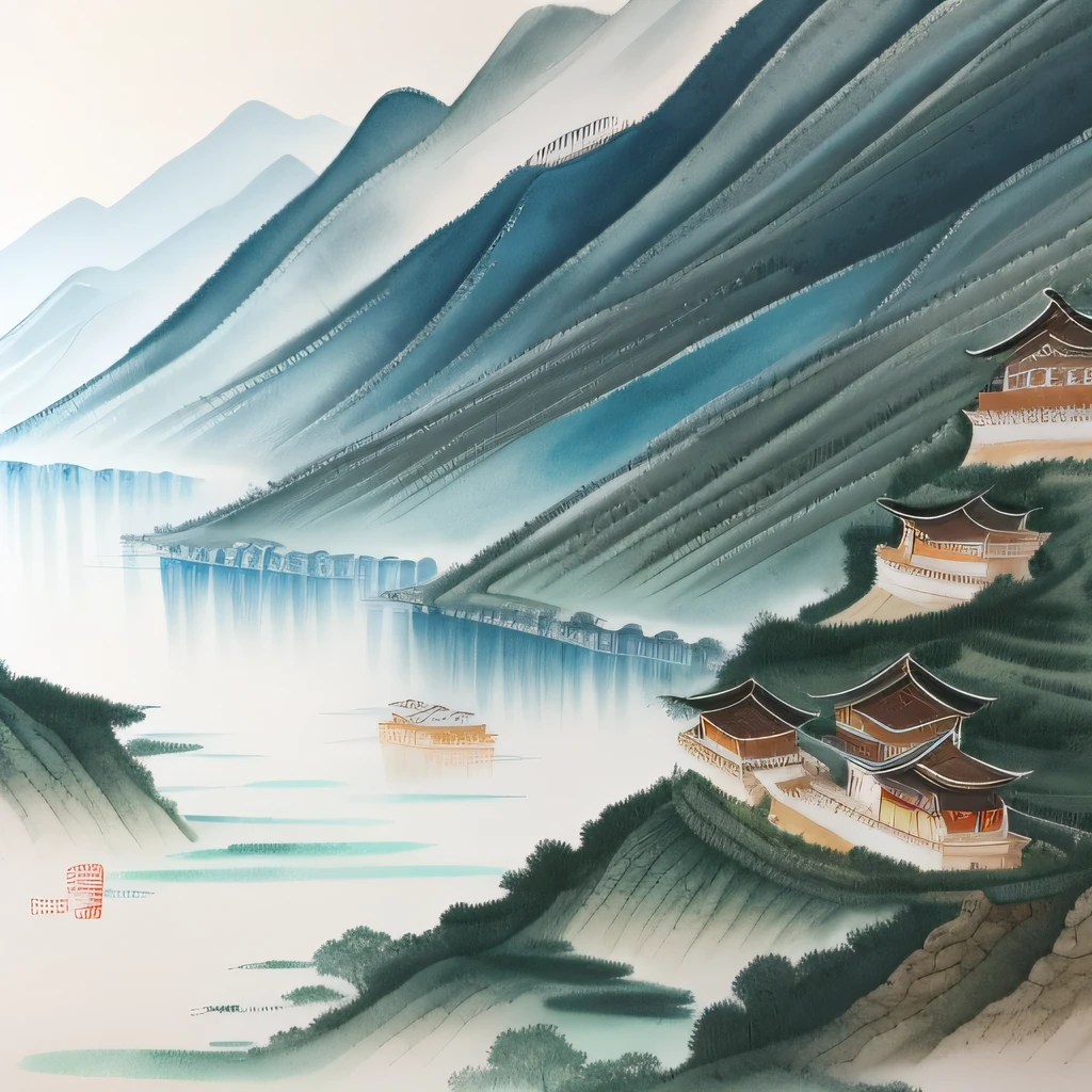 Beautiful Chinese landscape art, medium detail, Intricate, aquarelle, ((The colors are not too bright))