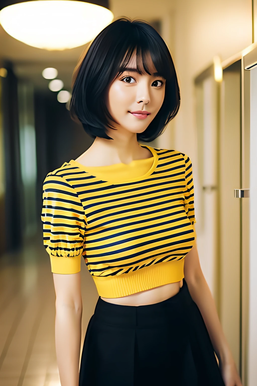 Woman in black bag and yellow top stands in hallway, wearing yellow croptop, With short hair, Wearing a camisole, wearing a cute top, photo of slim girl model, ulzzangs, Wearing a striped shirt, korean female fashion model, with short hair with bangs, Wavy hair yellow theme, casual clothing style, infp young woman